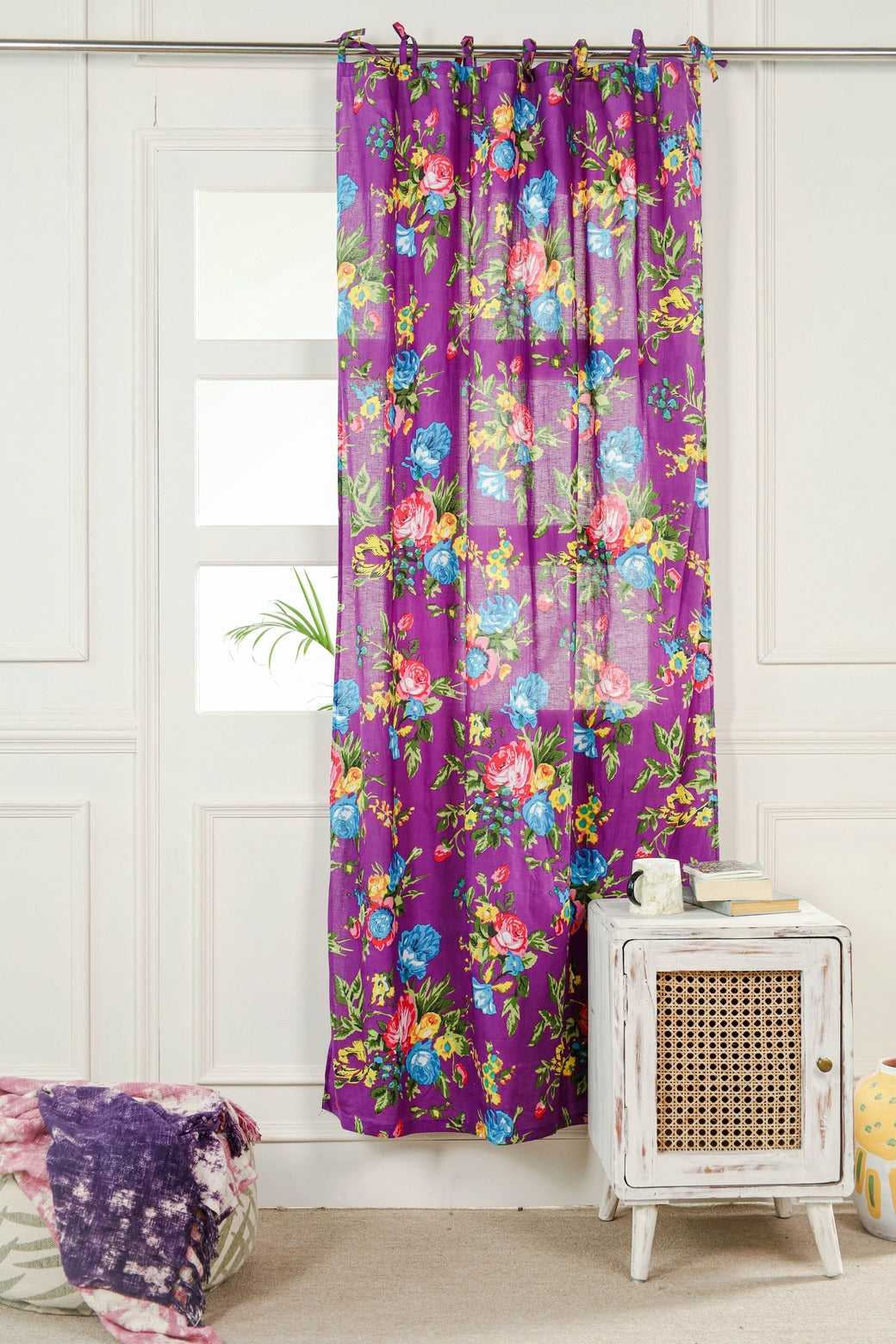Purple Color Floral Printed Curtain 1 Panel Set
