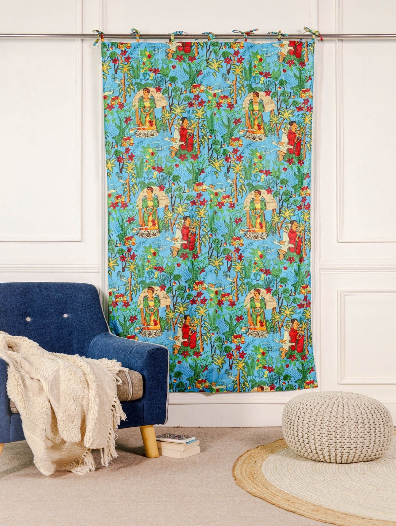 Green Frida Kantha Printed Curtain 1 Panel Set