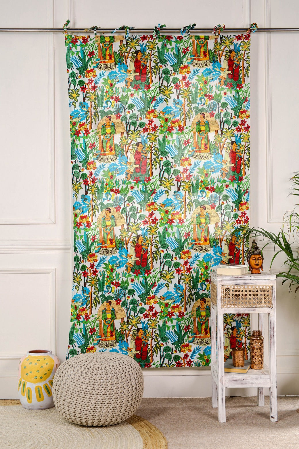 White Frida Khalo Printed Curtain - 1 Panel Set