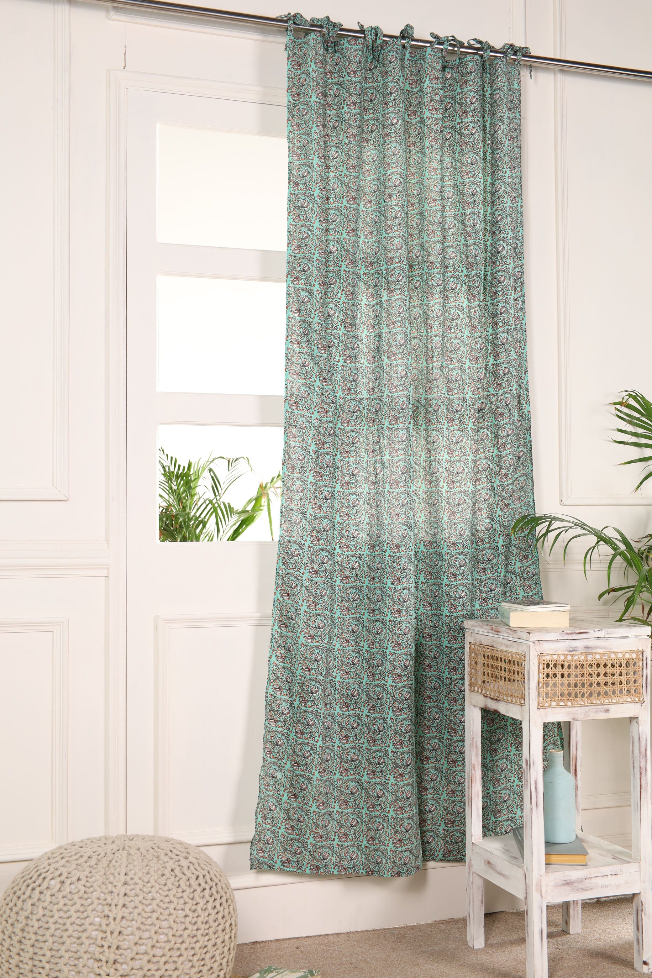 Green Reversible Floral Printed Curtain 1 Panel Set