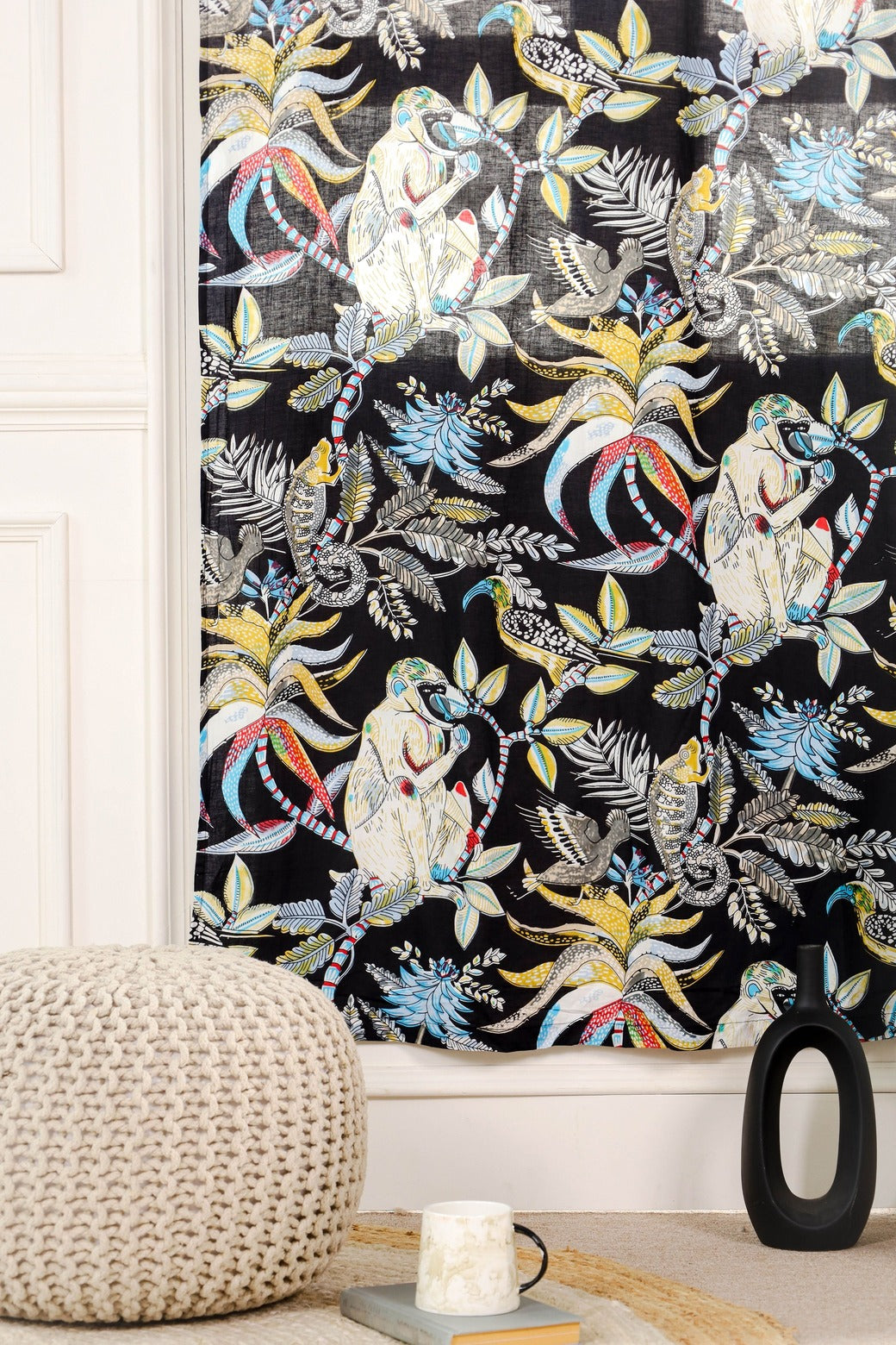 Monkey Printed Curtain - Black Color 1 Panel Set