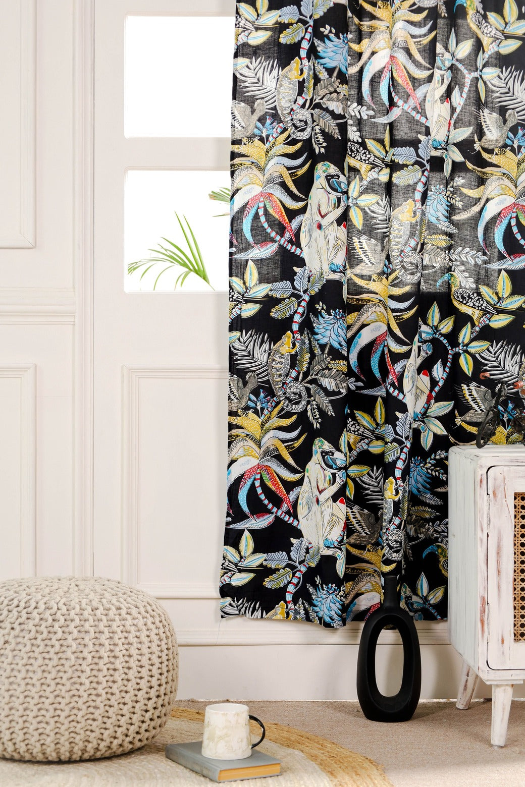 Monkey Printed Curtain - Black Color 1 Panel Set