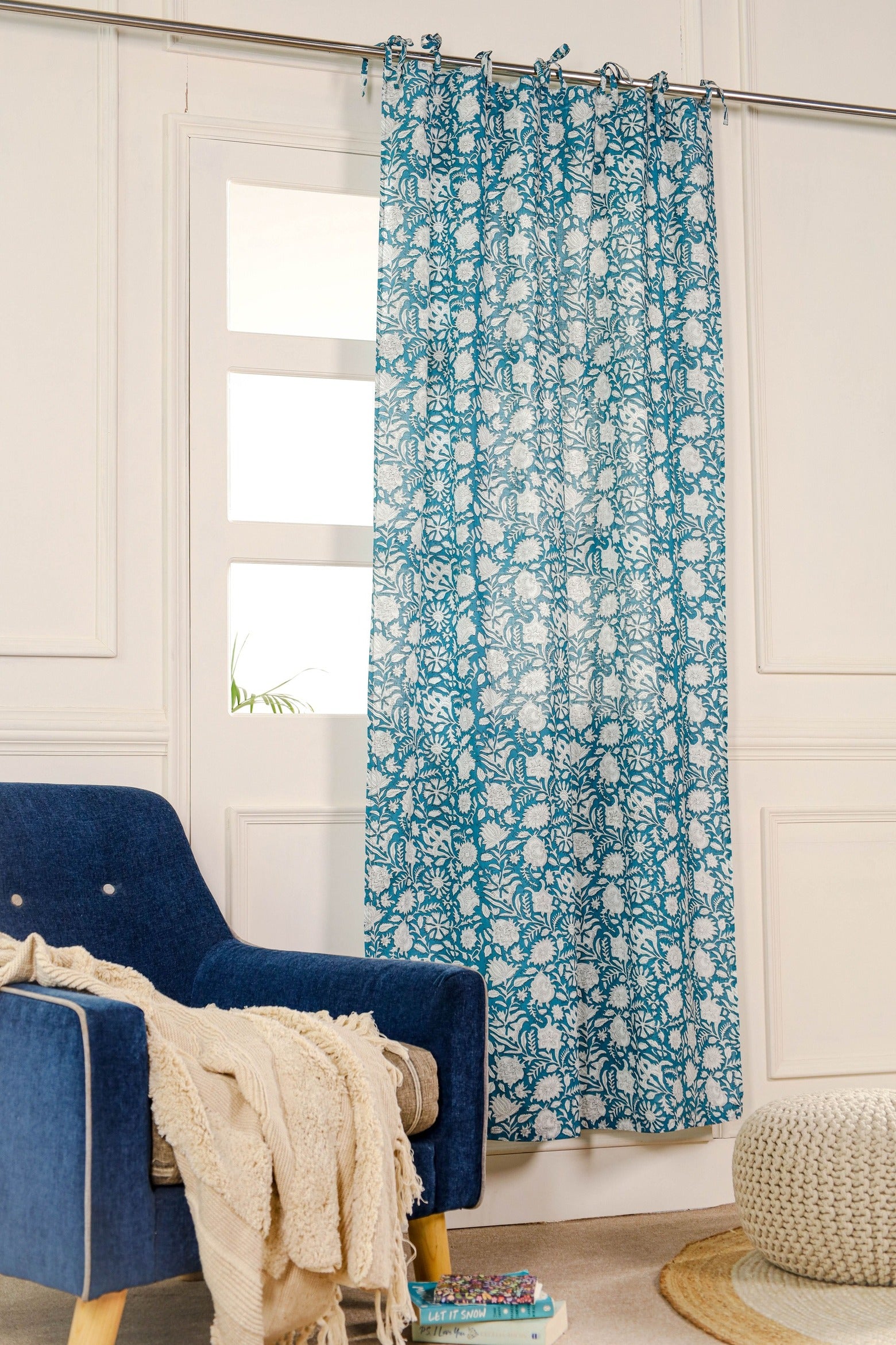 Blue Floral Printed Curtain - 1 Panel Set