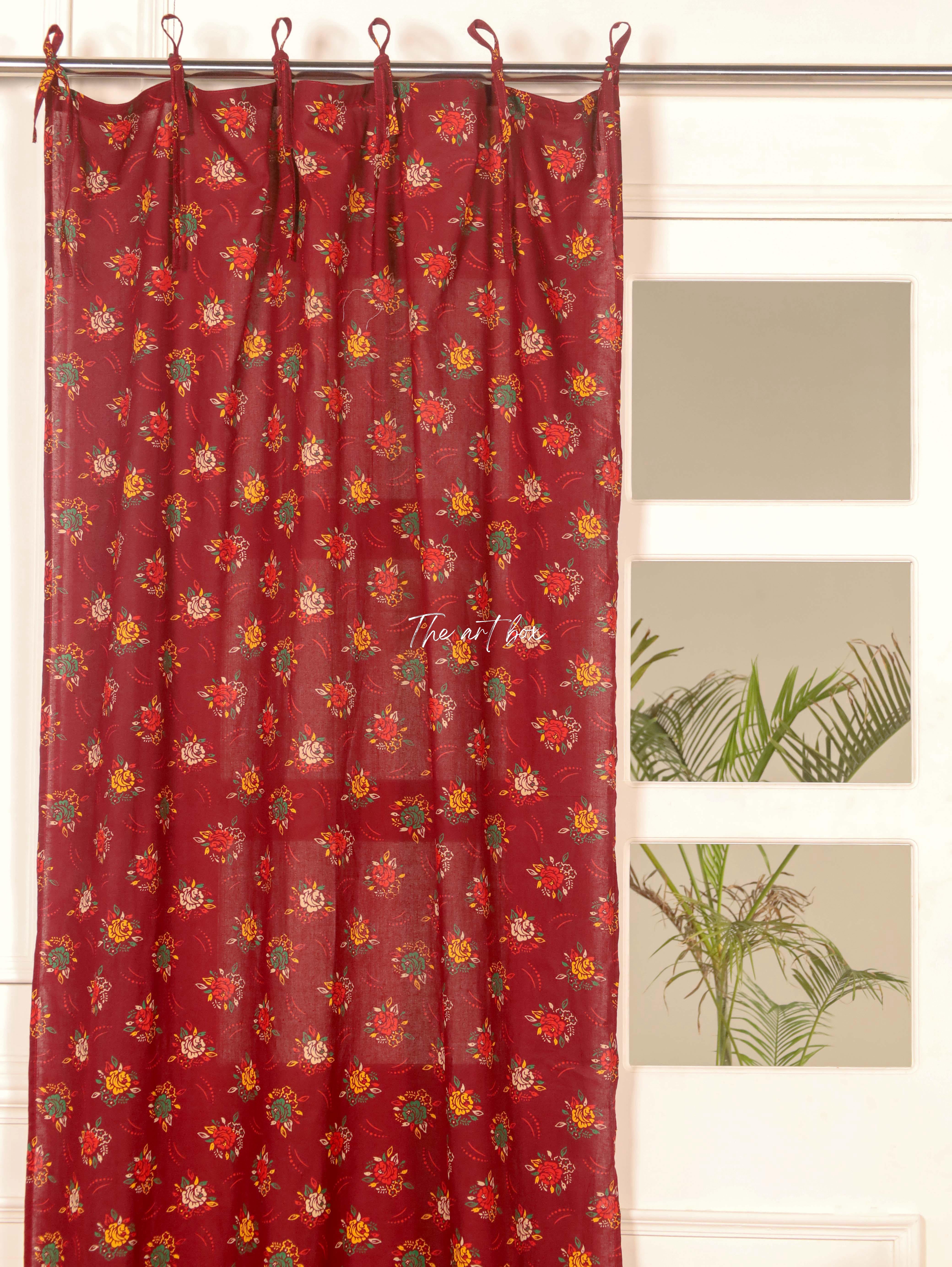 Red Printed Floral Cotton Curtains - 1 Panel Set