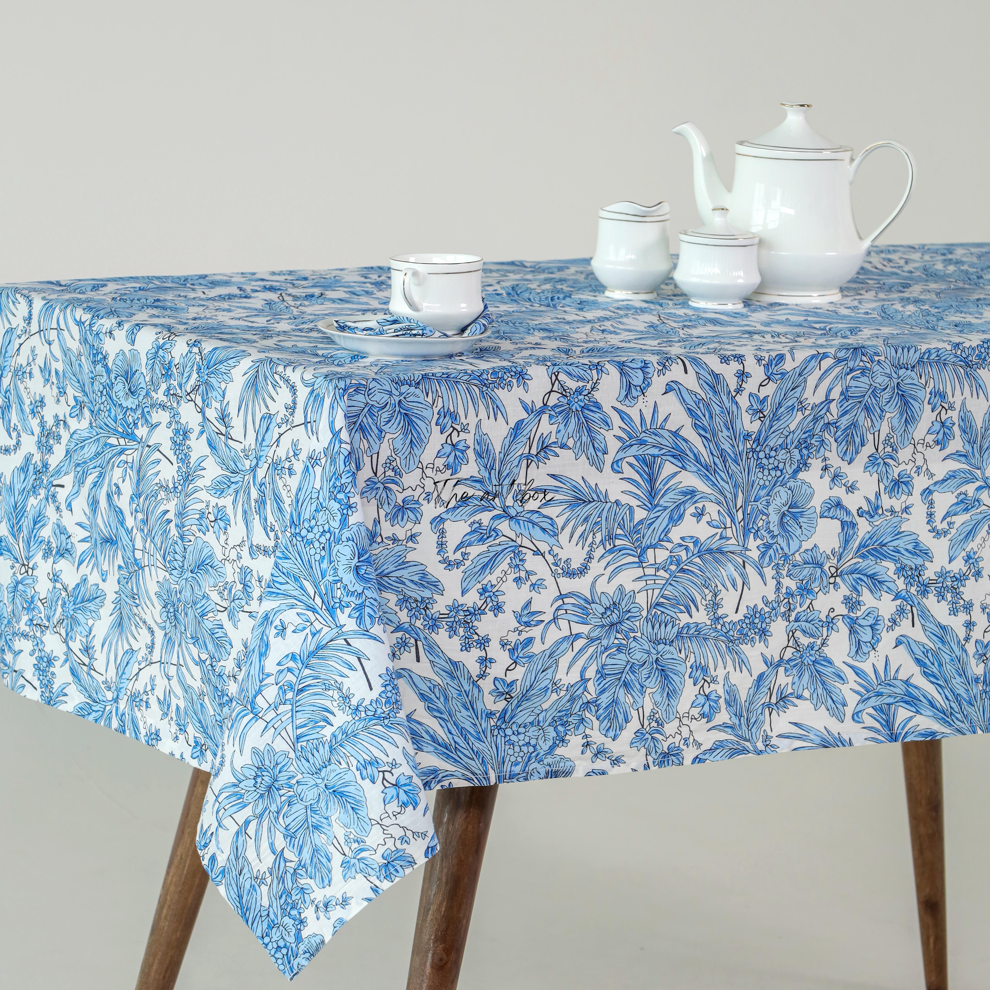 Sky Blue Tablecloth Floral Printed Cotton Table Cover
