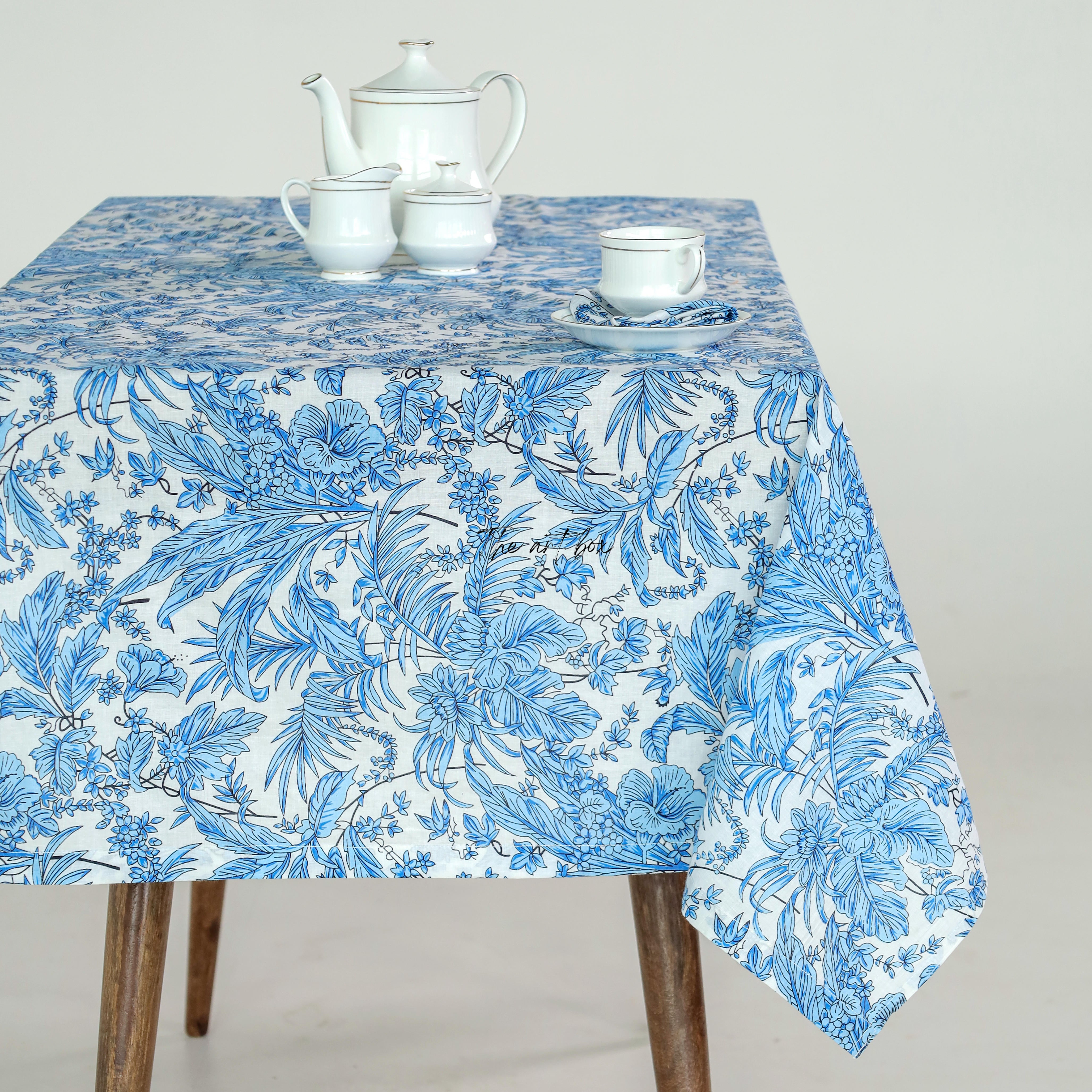 Sky Blue Tablecloth Floral Printed Cotton Table Cover