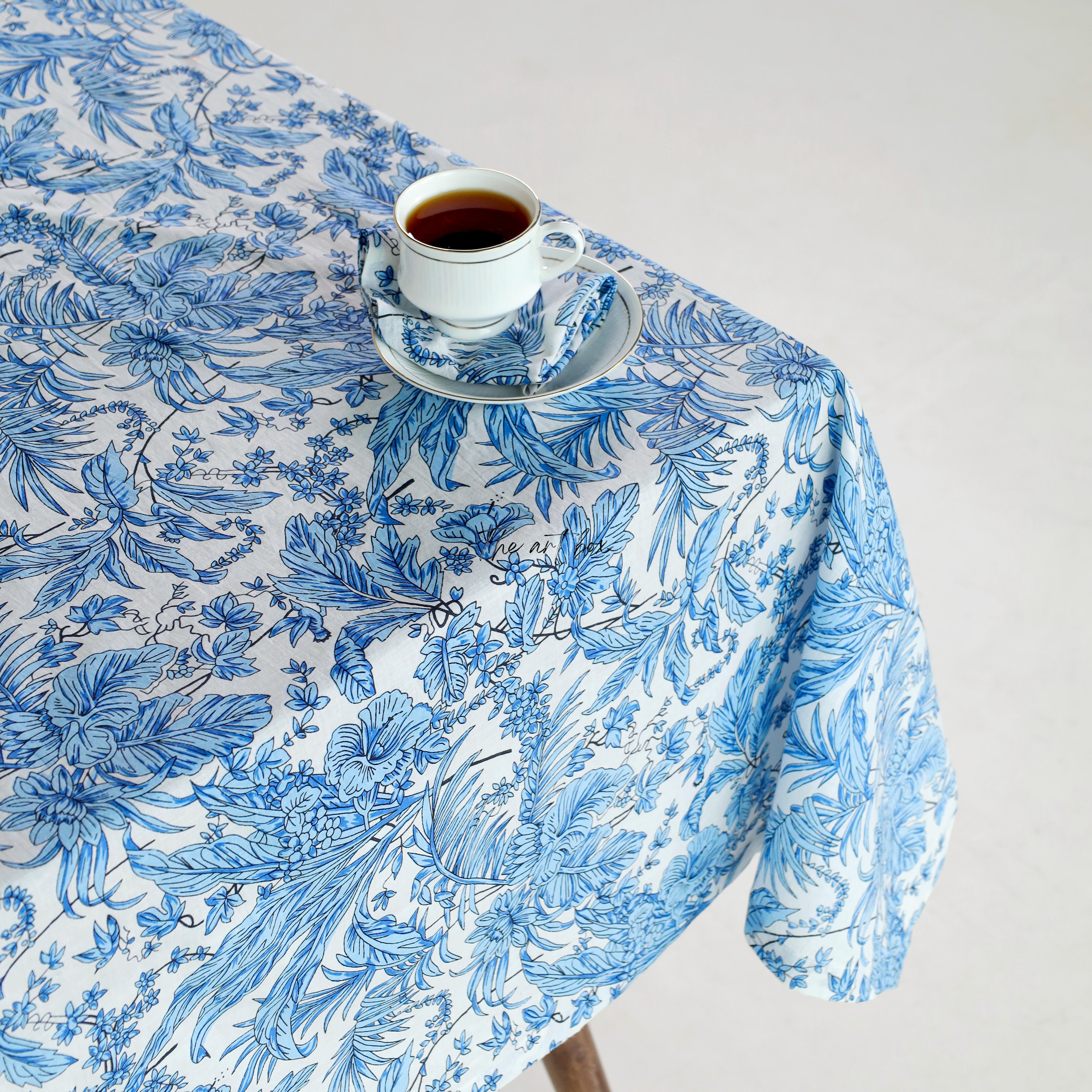 Sky Blue Tablecloth Floral Printed Cotton Table Cover