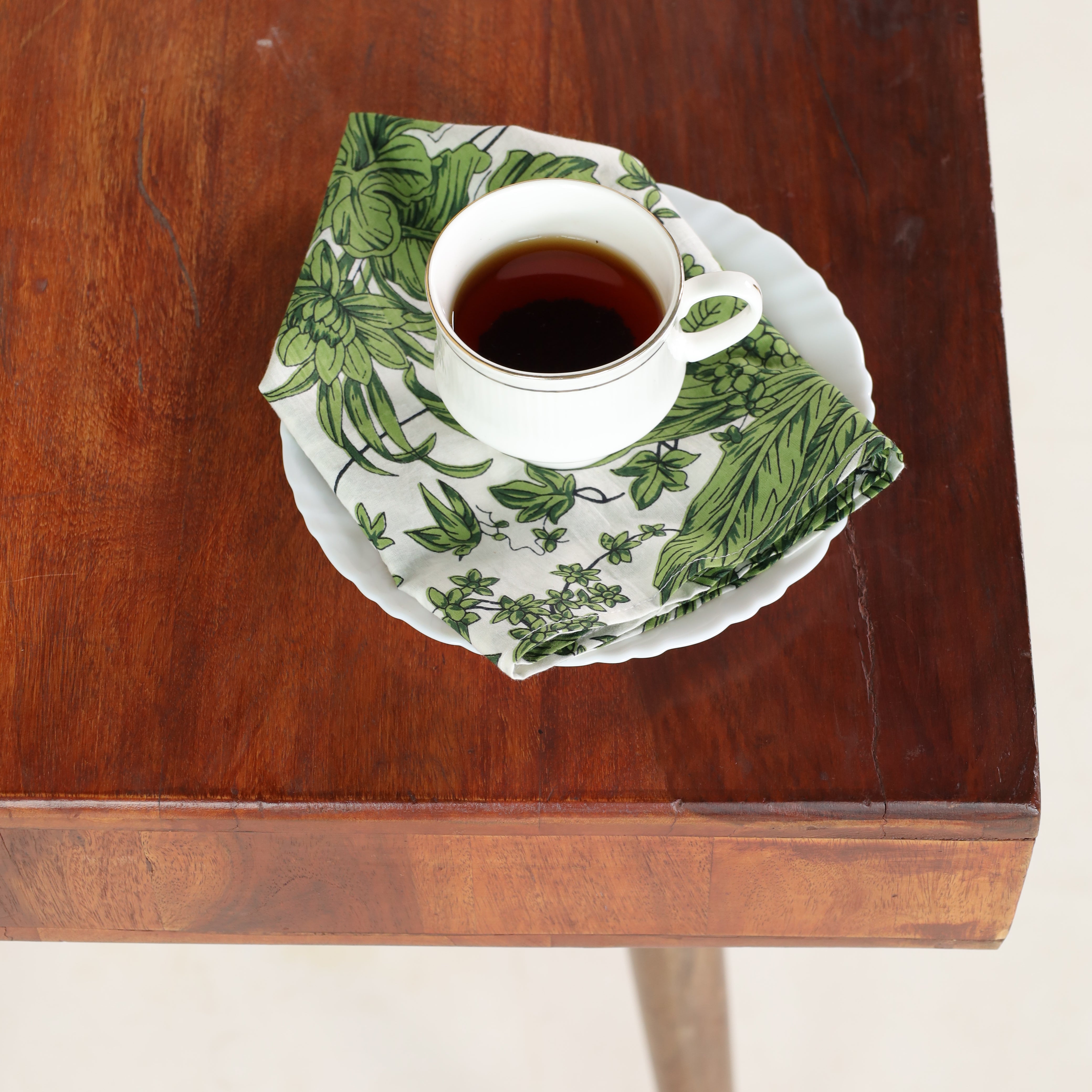 White Cotton Green Floral Table Napkins
