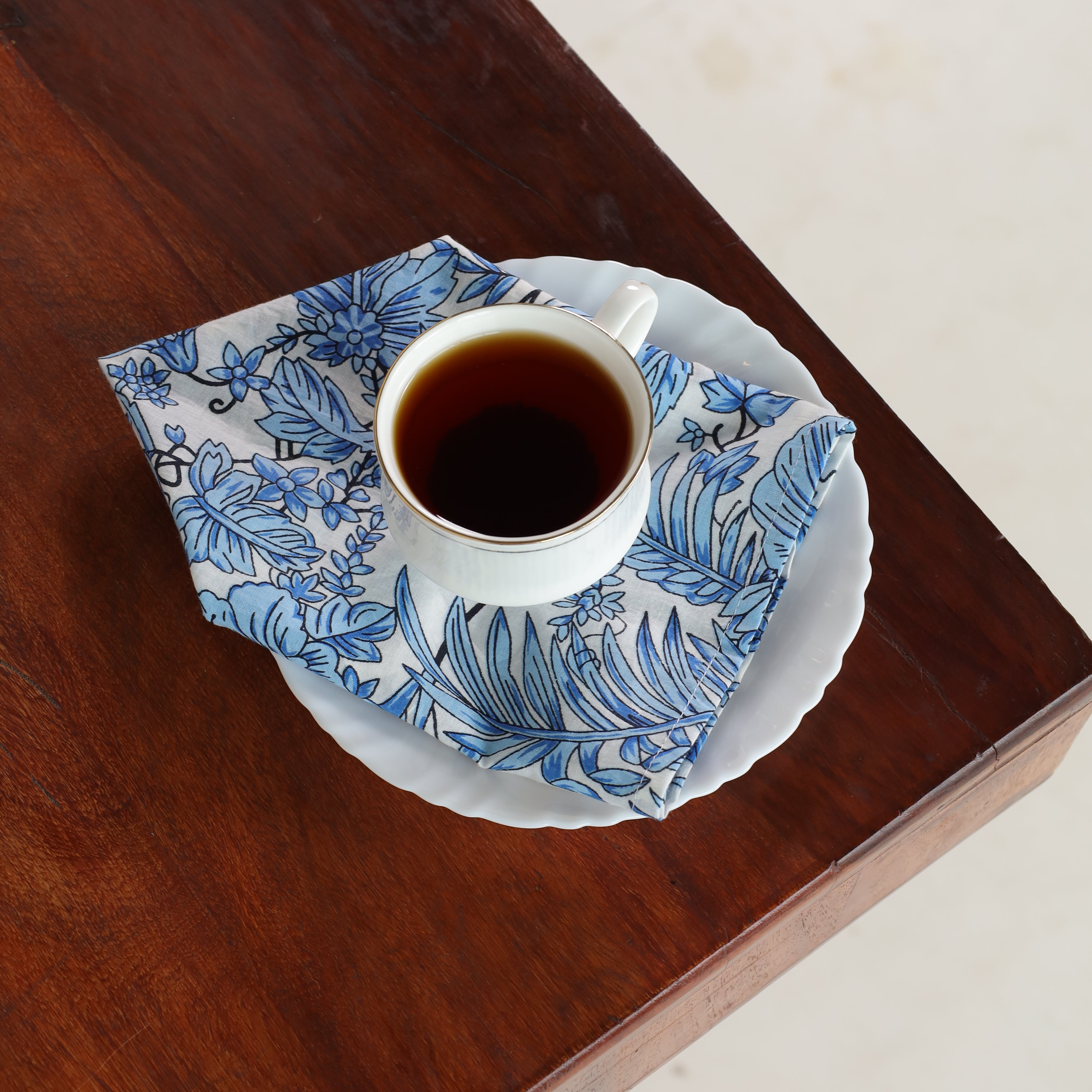 White Cotton Blue Floral Table Napkins