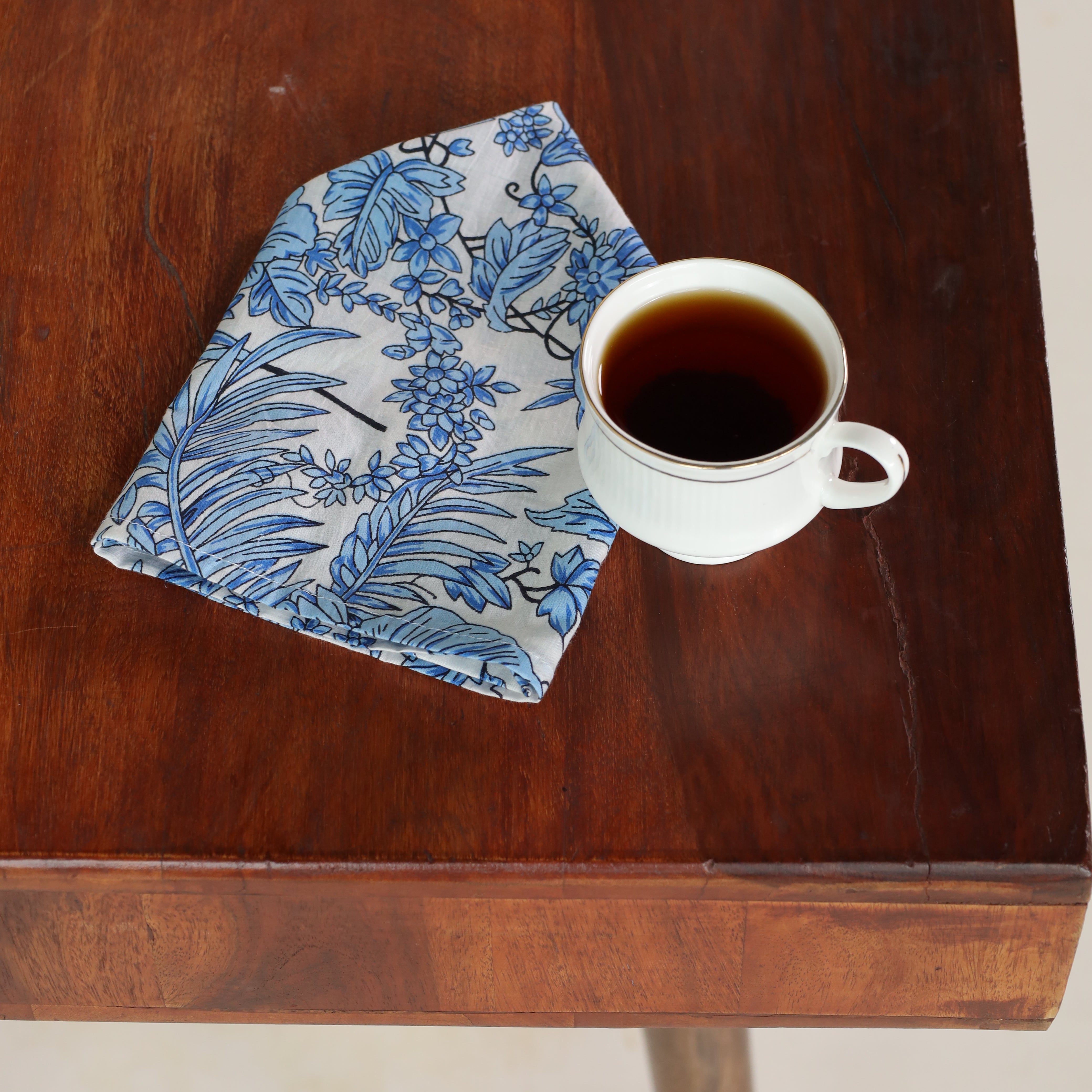 White Cotton Blue Floral Table Napkins