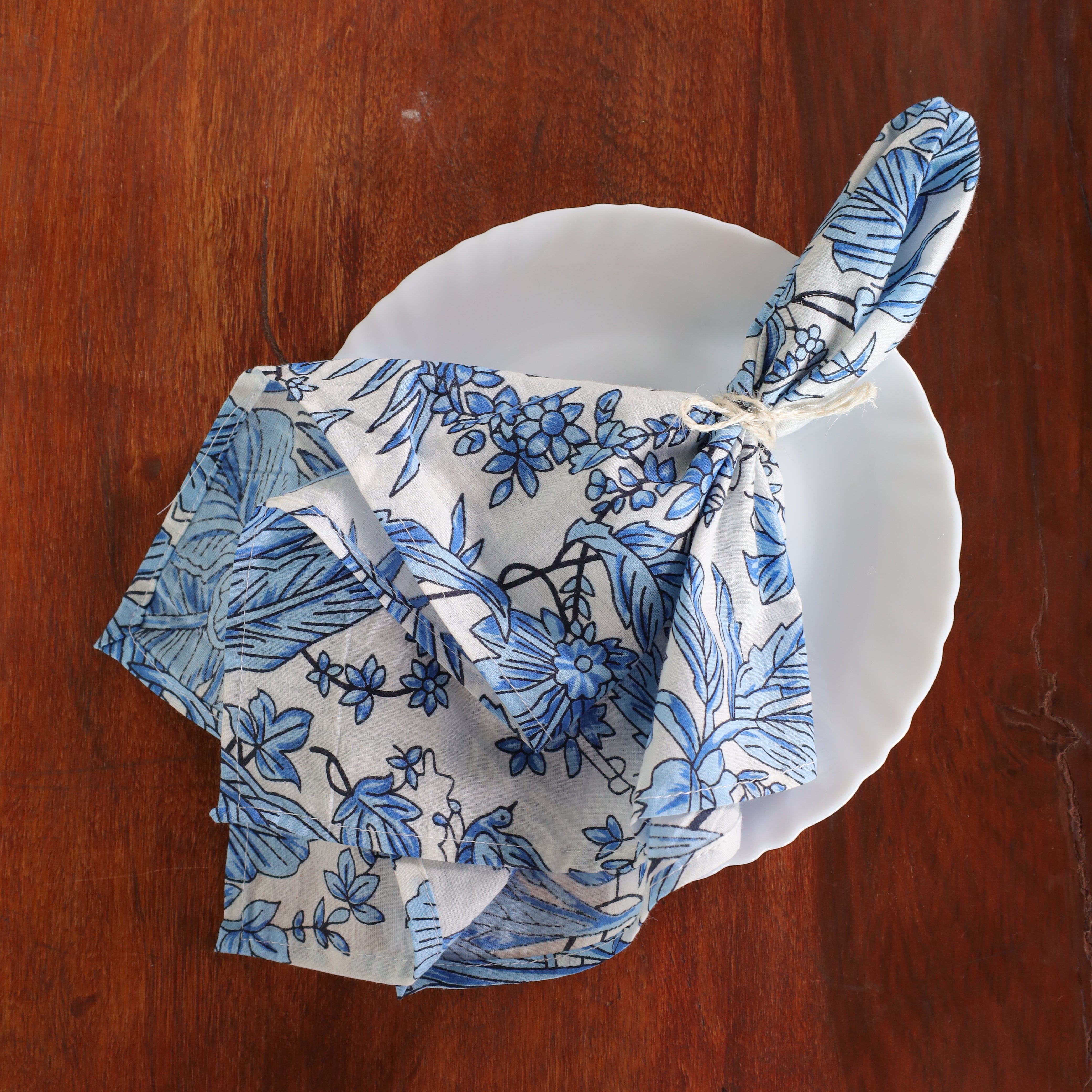 White Cotton Blue Floral Table Napkins