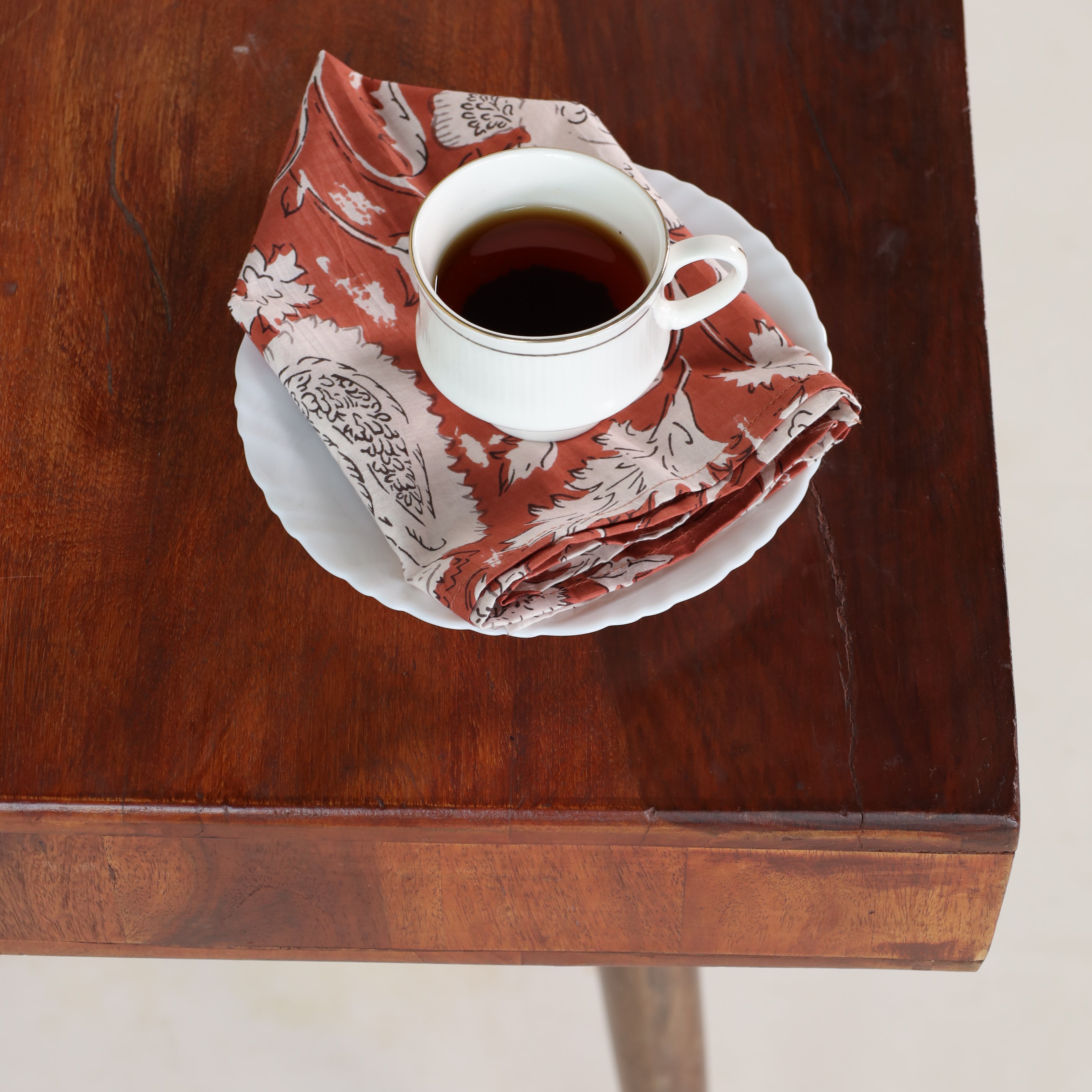 Rust Cotton White  Floral Table Napkins
