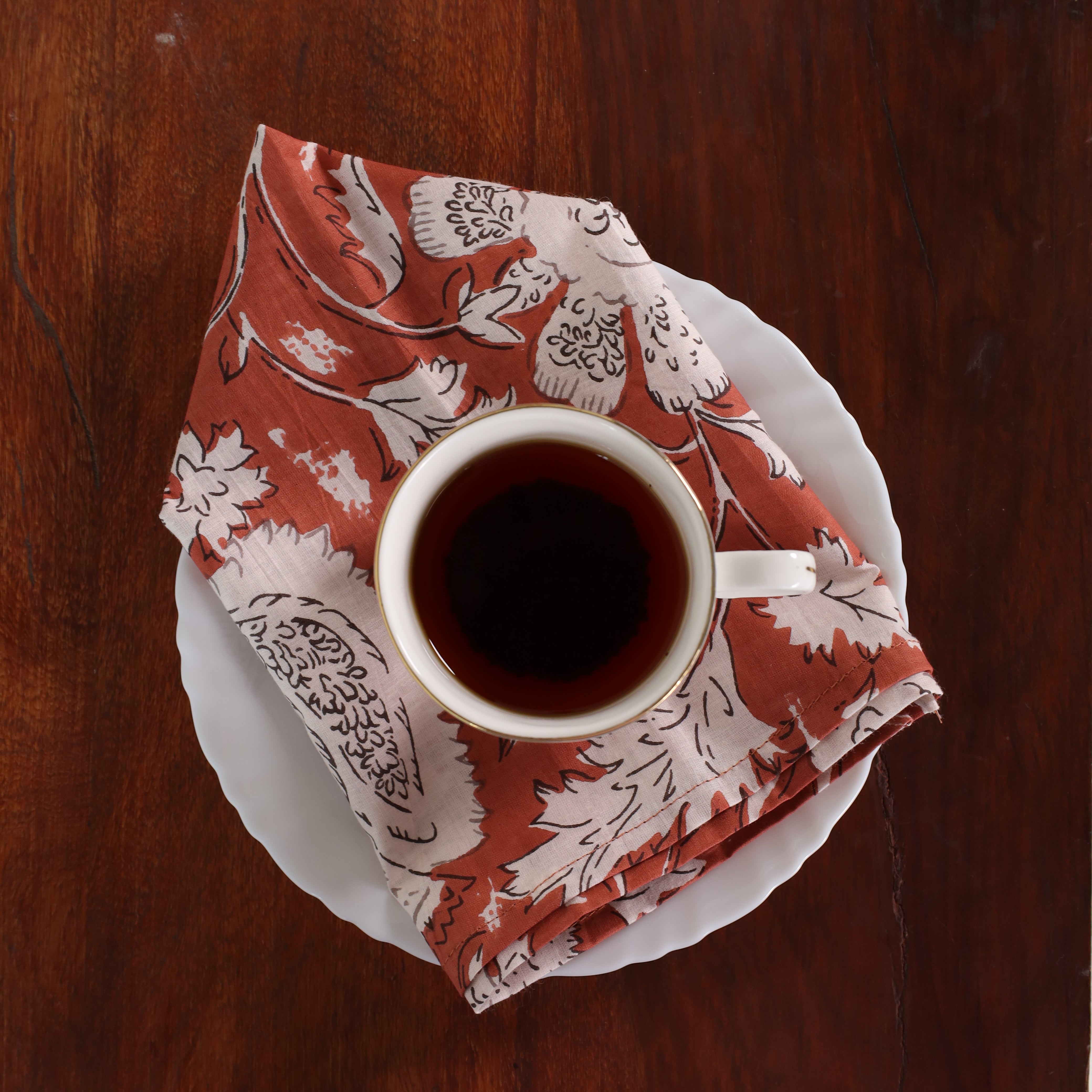 Rust Cotton White Floral Table Napkins