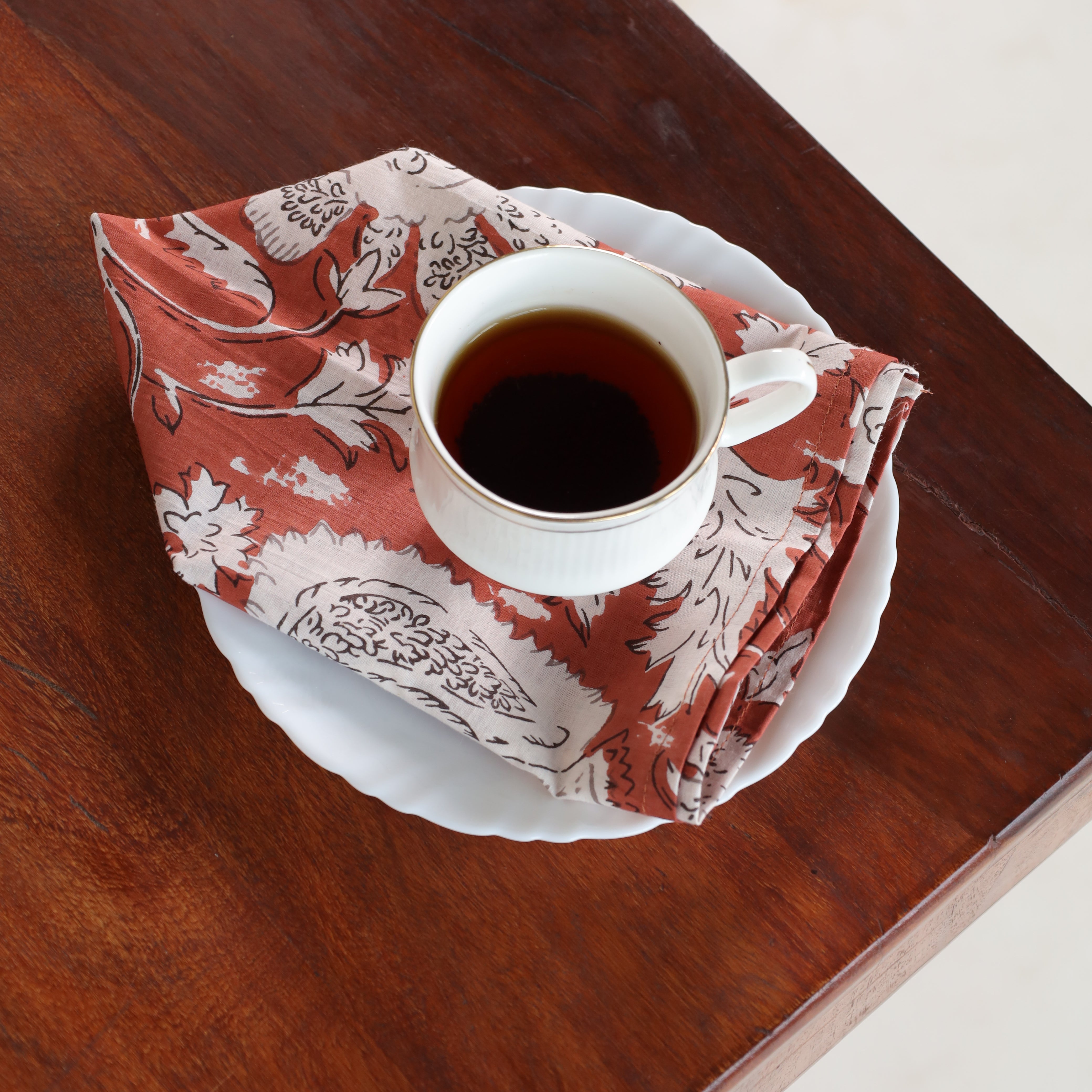 Rust Cotton White Floral Table Napkins
