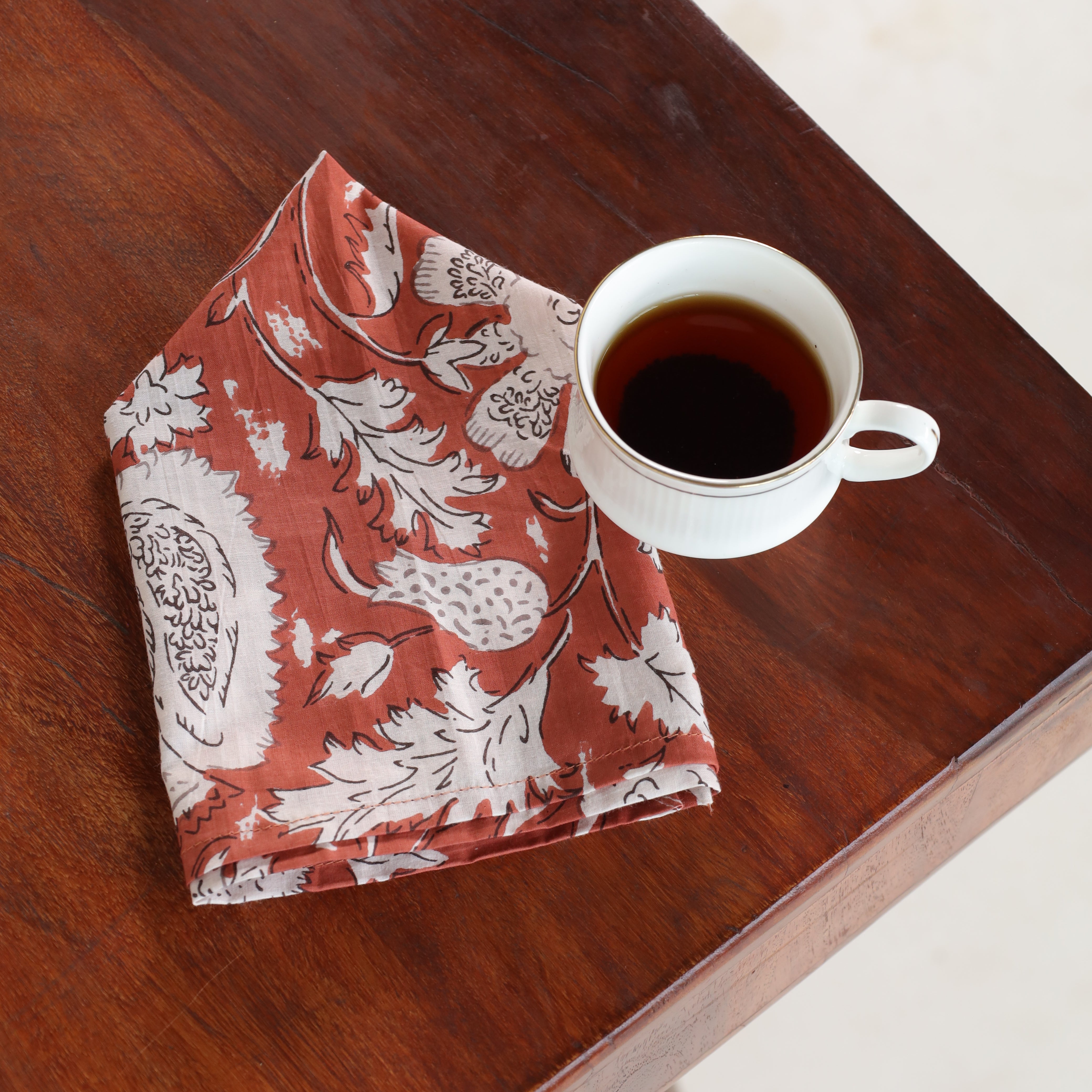 Rust Cotton White Floral Table Napkins