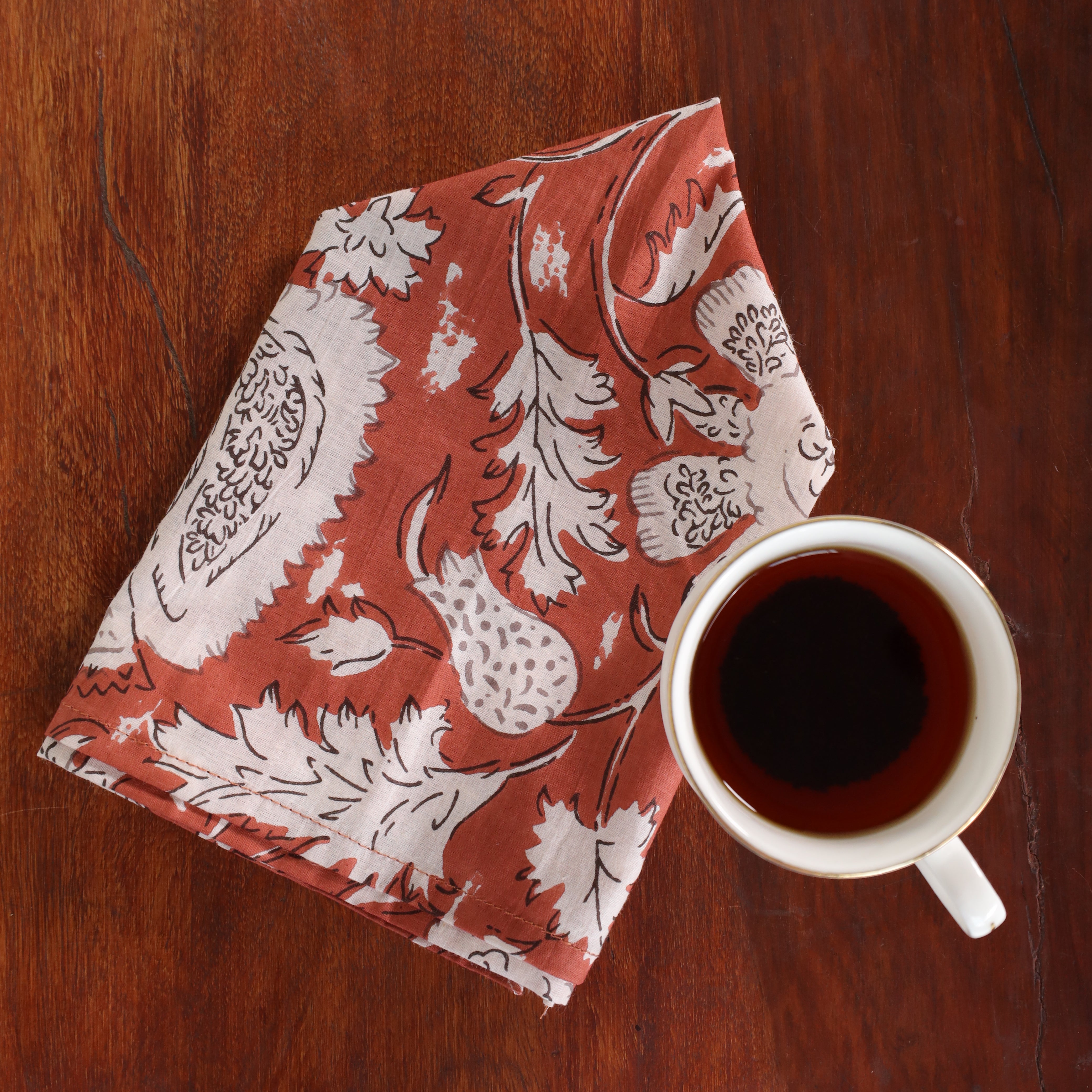 Rust Cotton White Floral Table Napkins