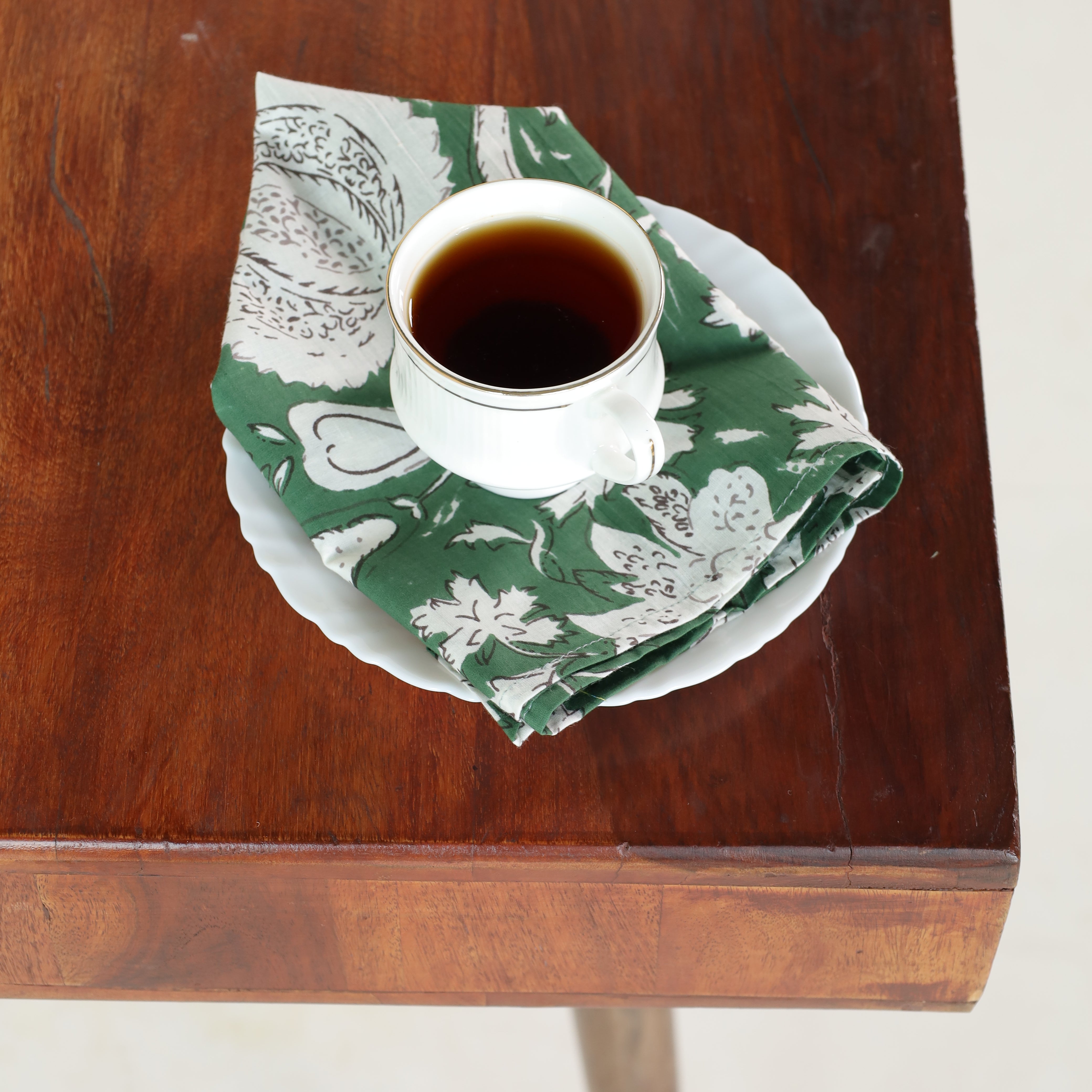 Green Cotton White Floral Table Napkins