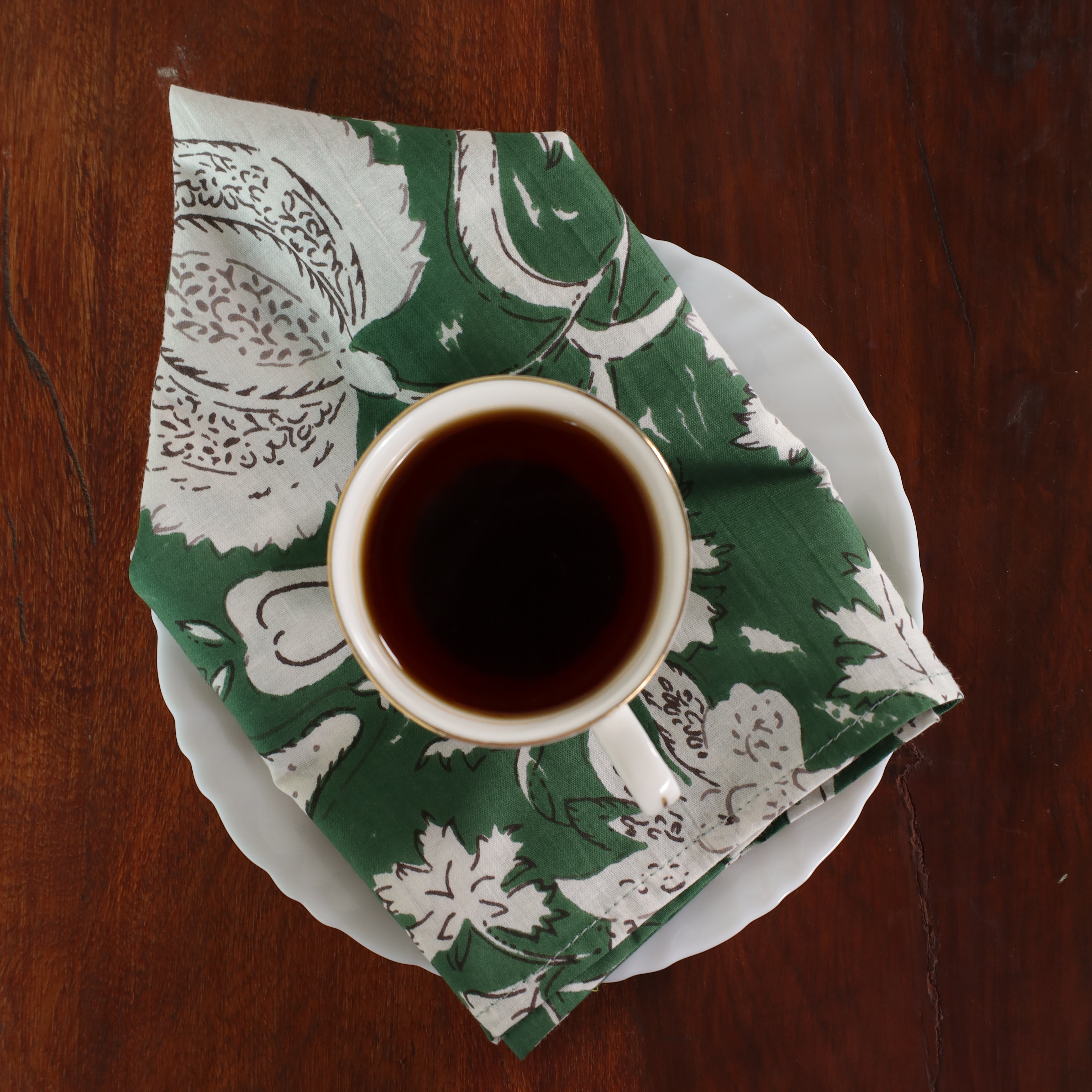 Green Cotton White Floral Table Napkins