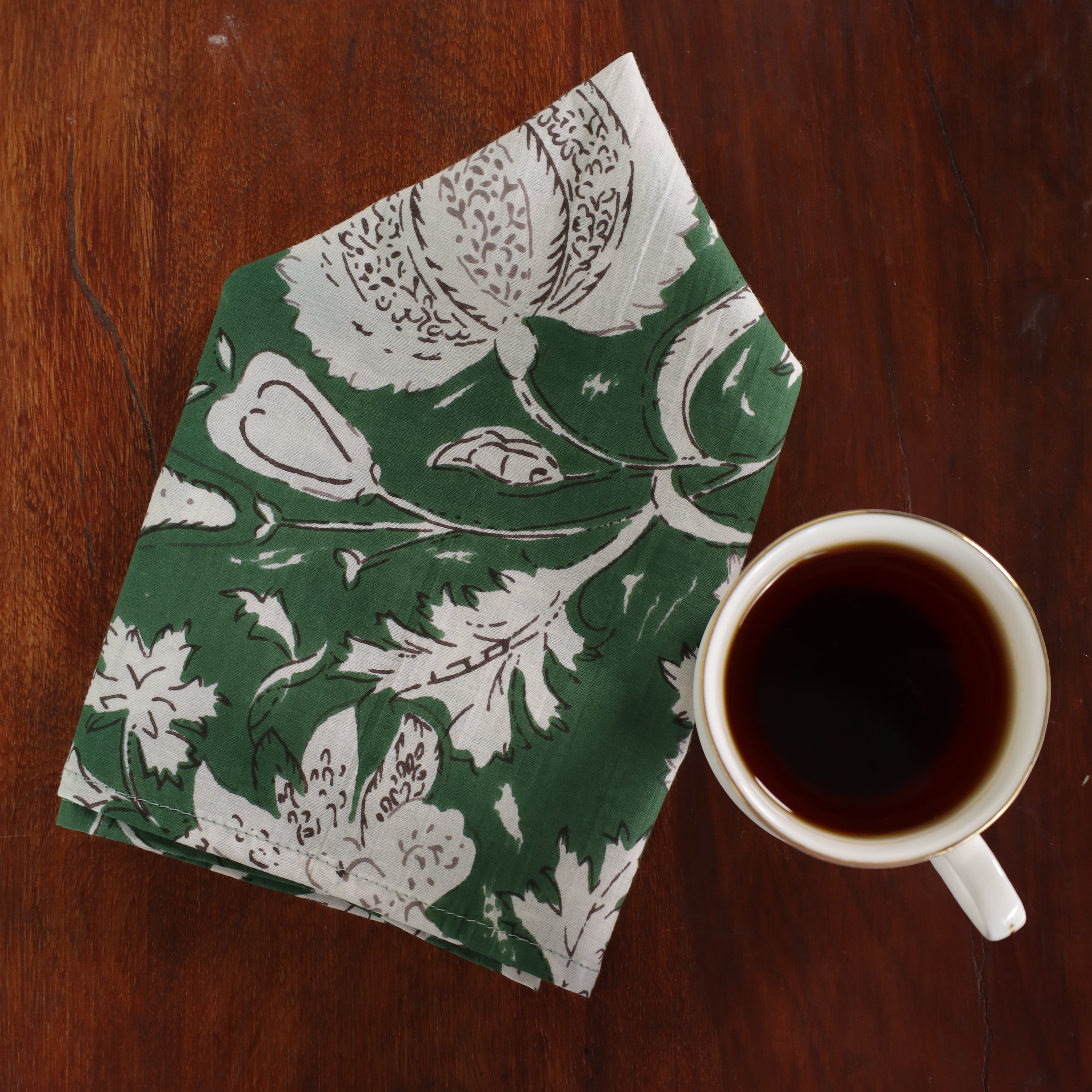 Green Cotton White Floral Table Napkins