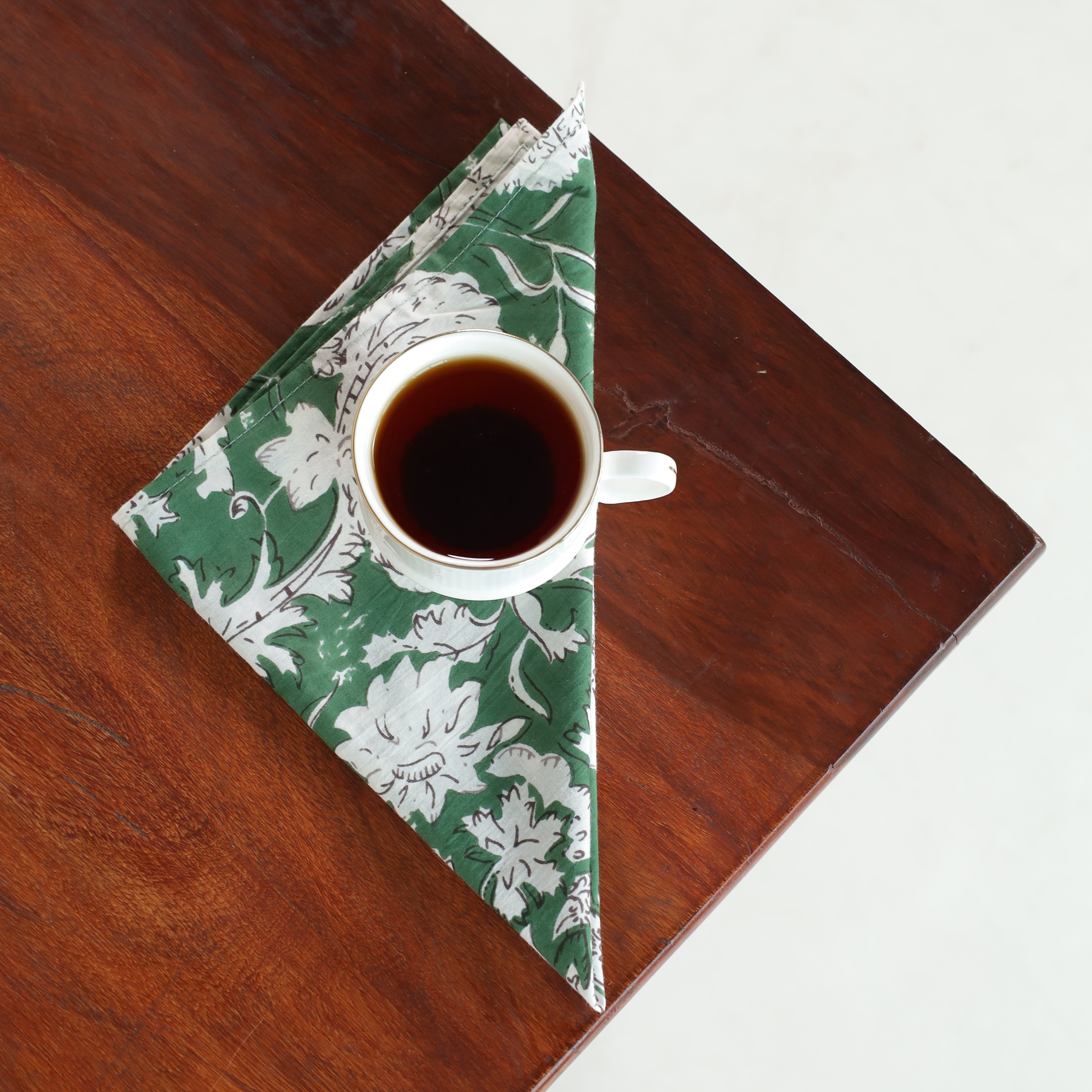 Green Cotton White Floral Table Napkins
