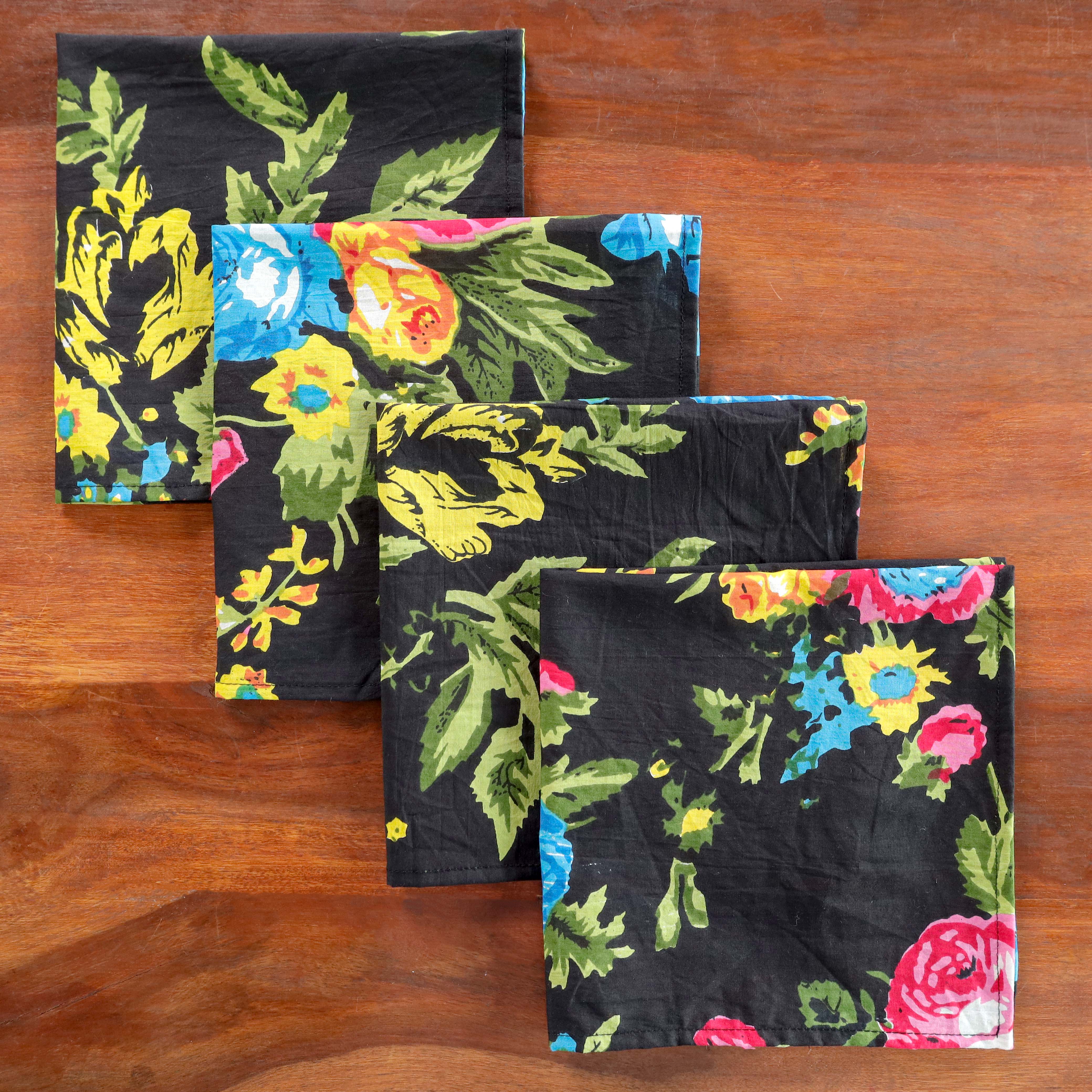 Black Cotton Green Floral Table Napkins