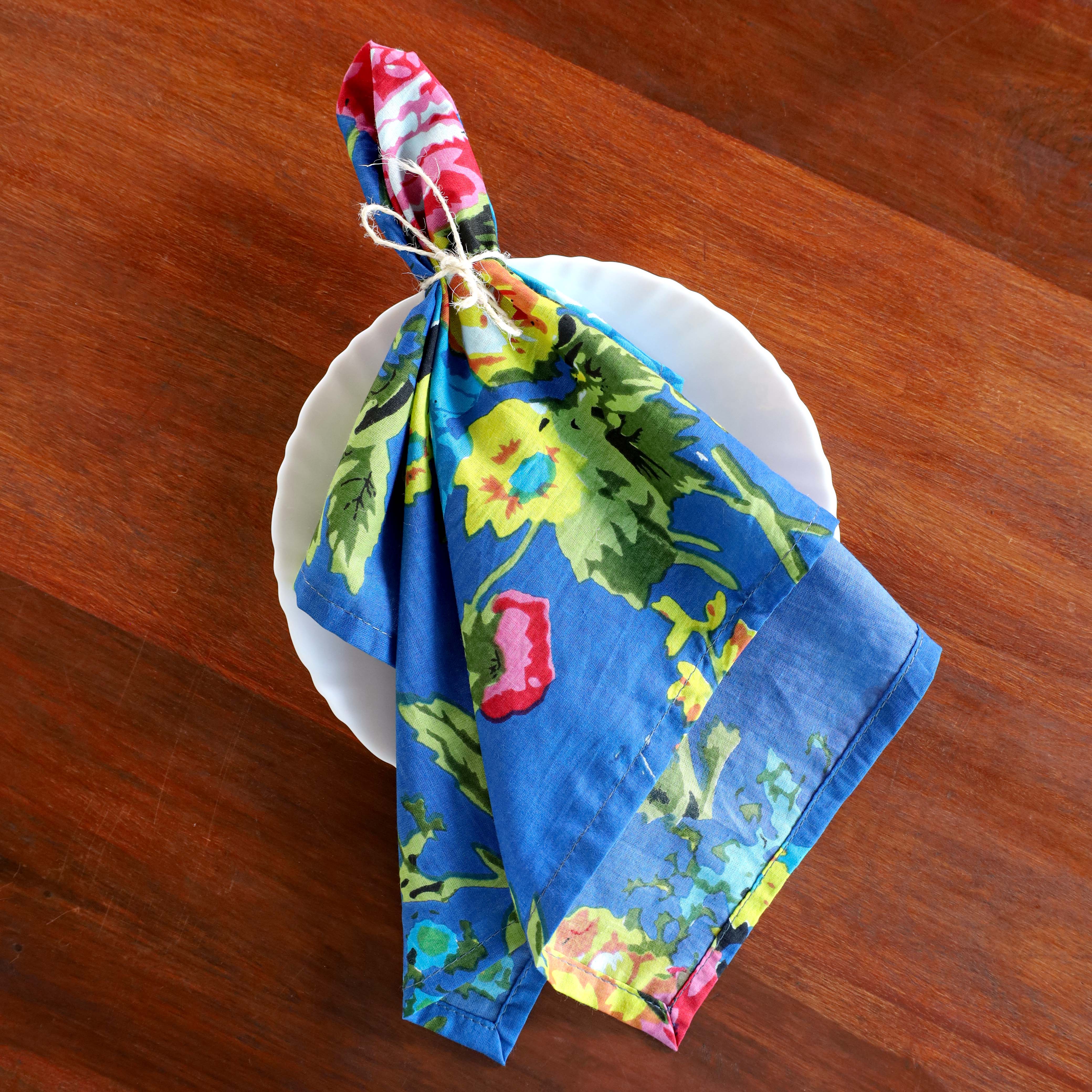 Blue Floral Cotton Table Napkins