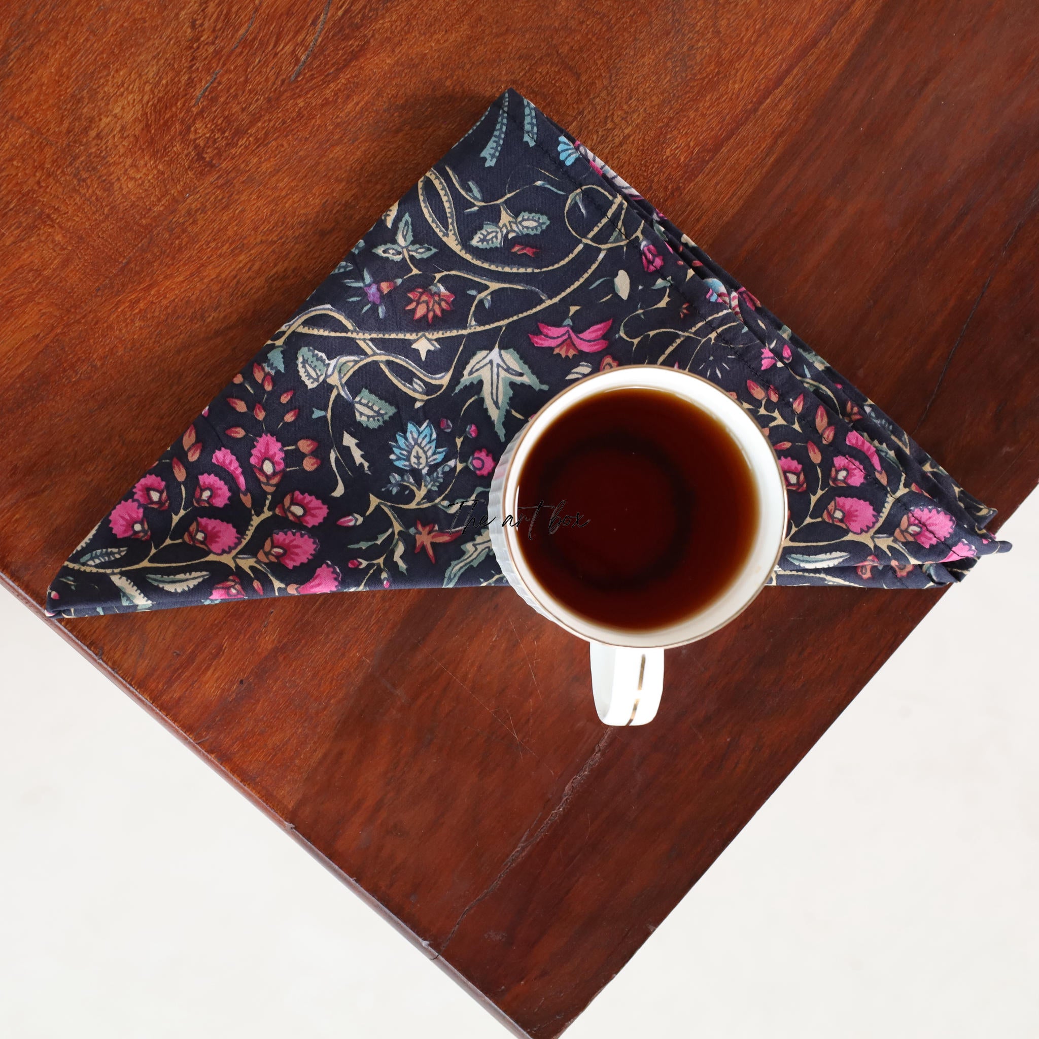 Dark Blue Cotton Floral Table Napkins