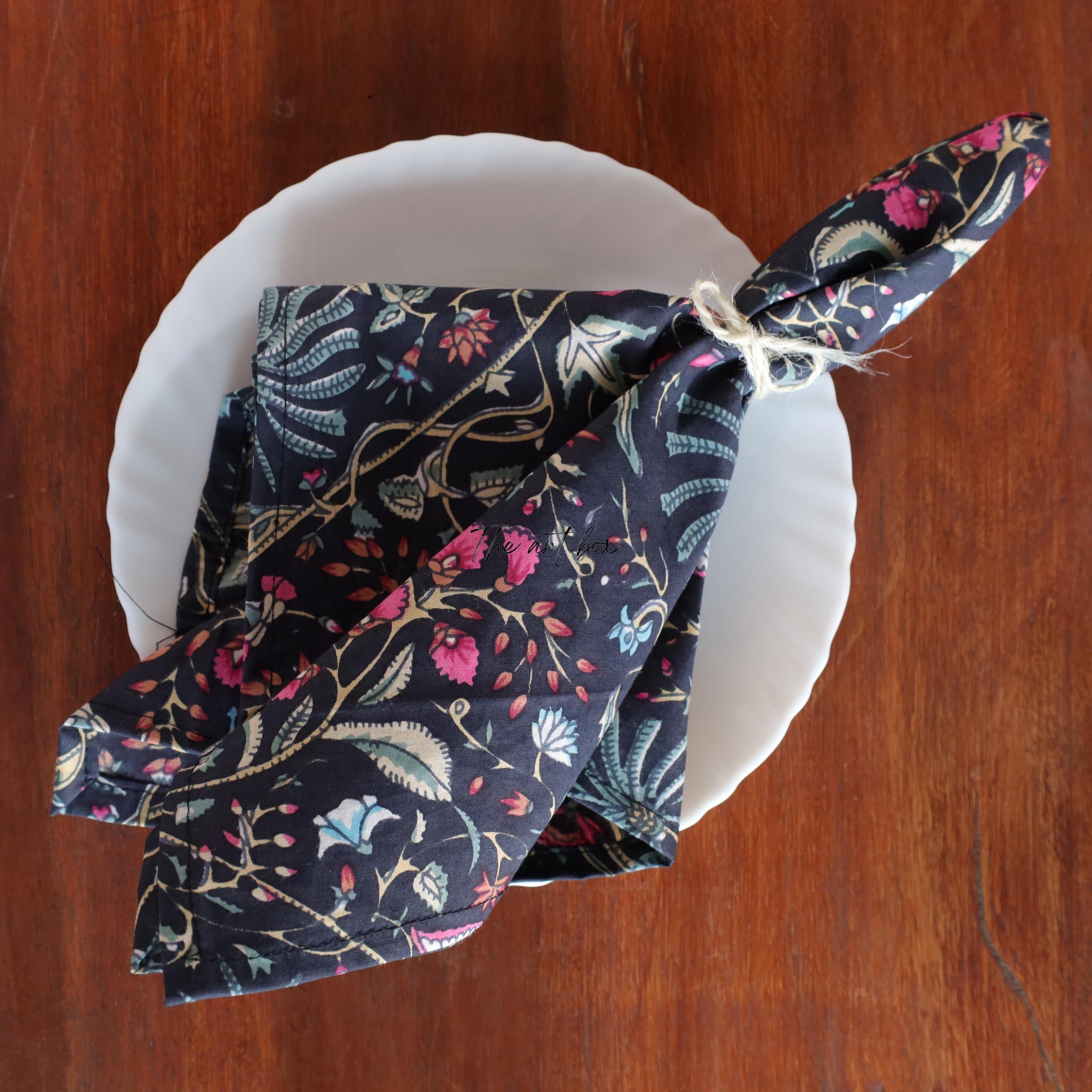 Dark Blue Cotton Floral Table Napkins