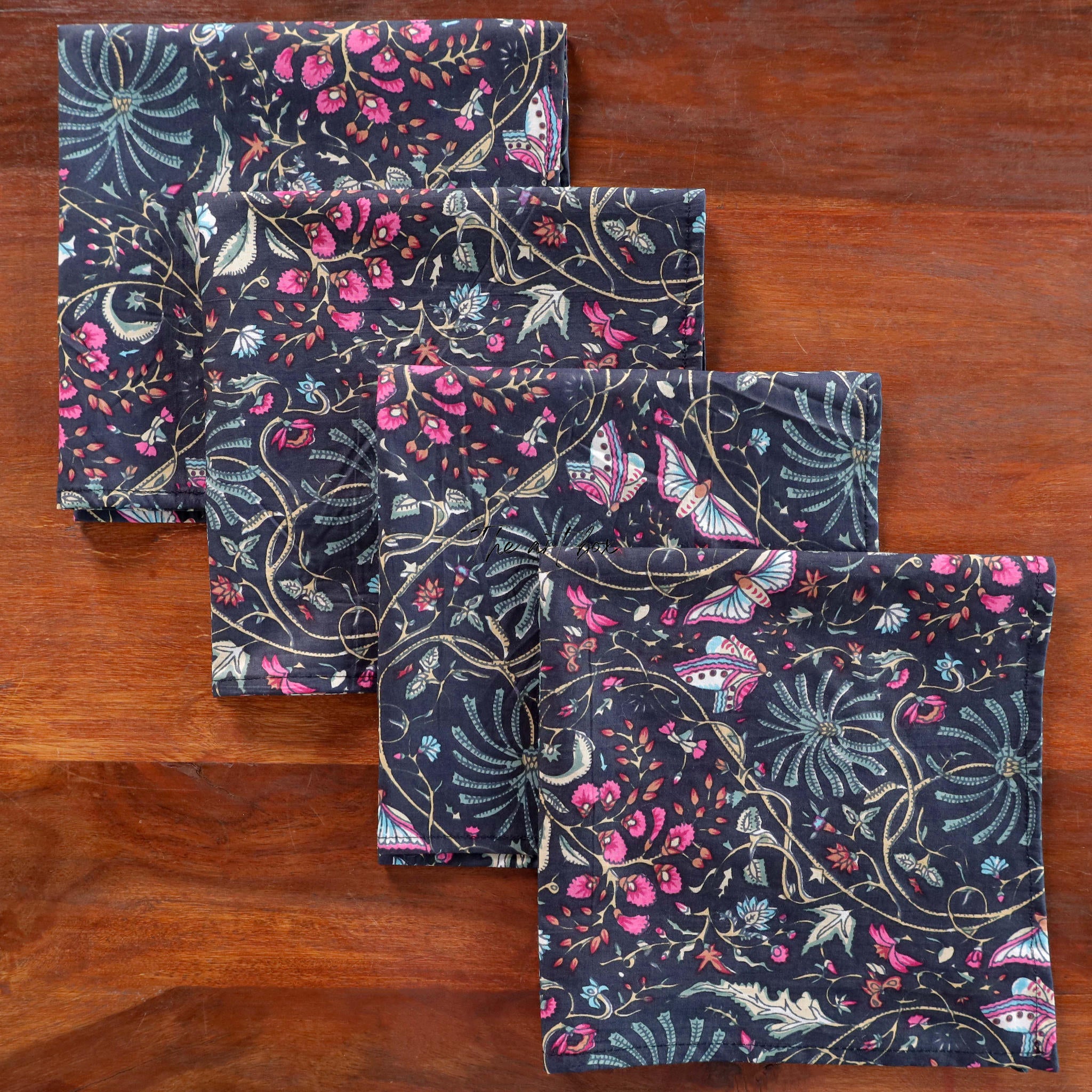 Dark Blue Cotton Floral Table Napkins