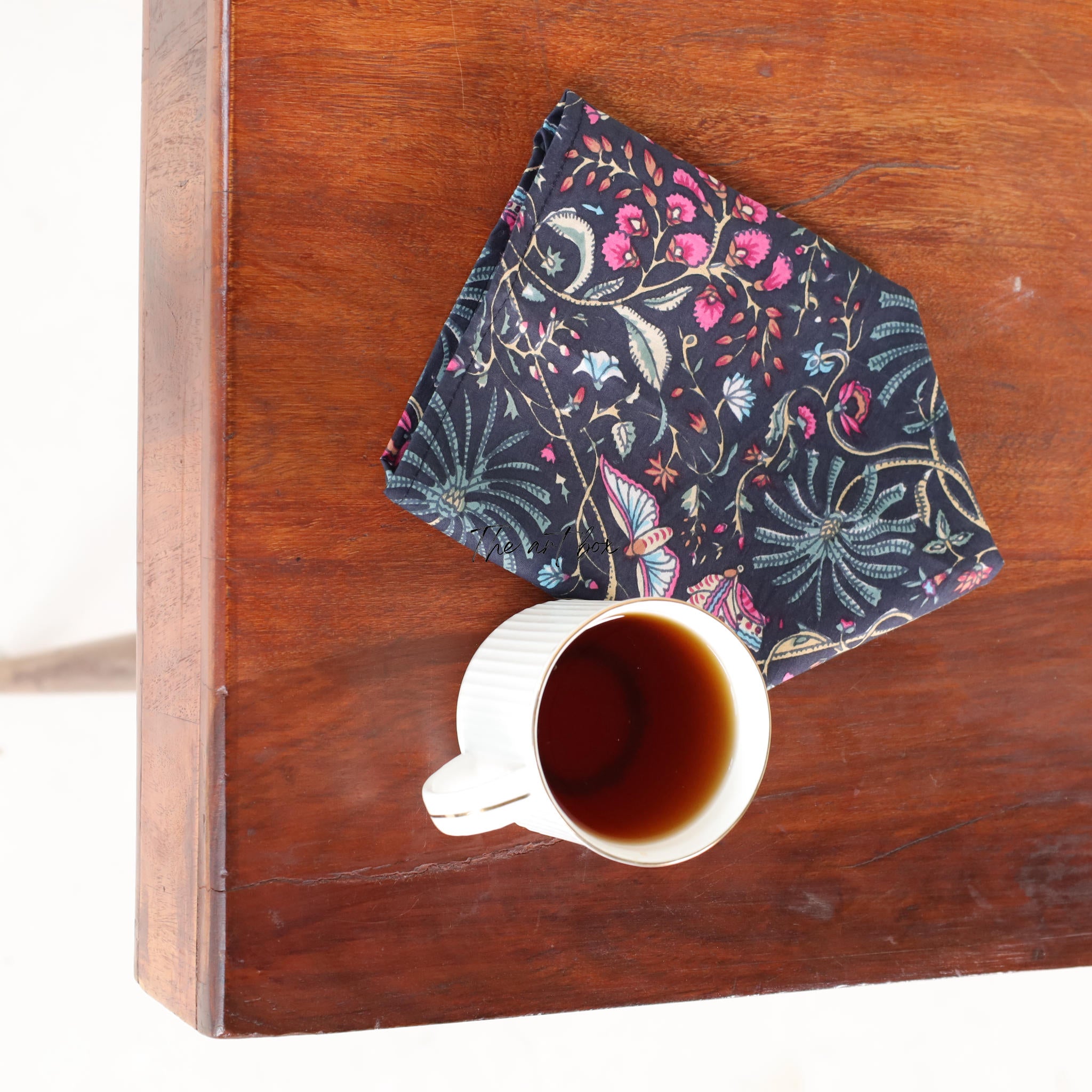 Dark Blue Cotton Floral Table Napkins