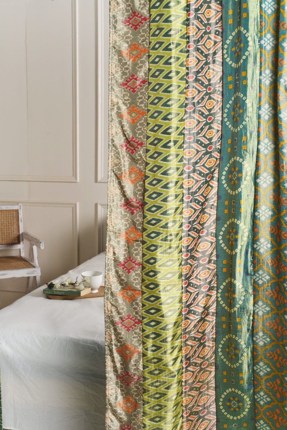 Green Silk Patchwork Curtains - 2 Panel set