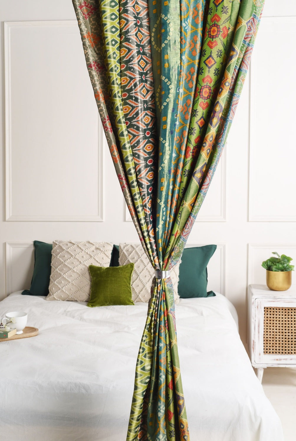 Green Silk Patchwork Curtains - 2 Panel set