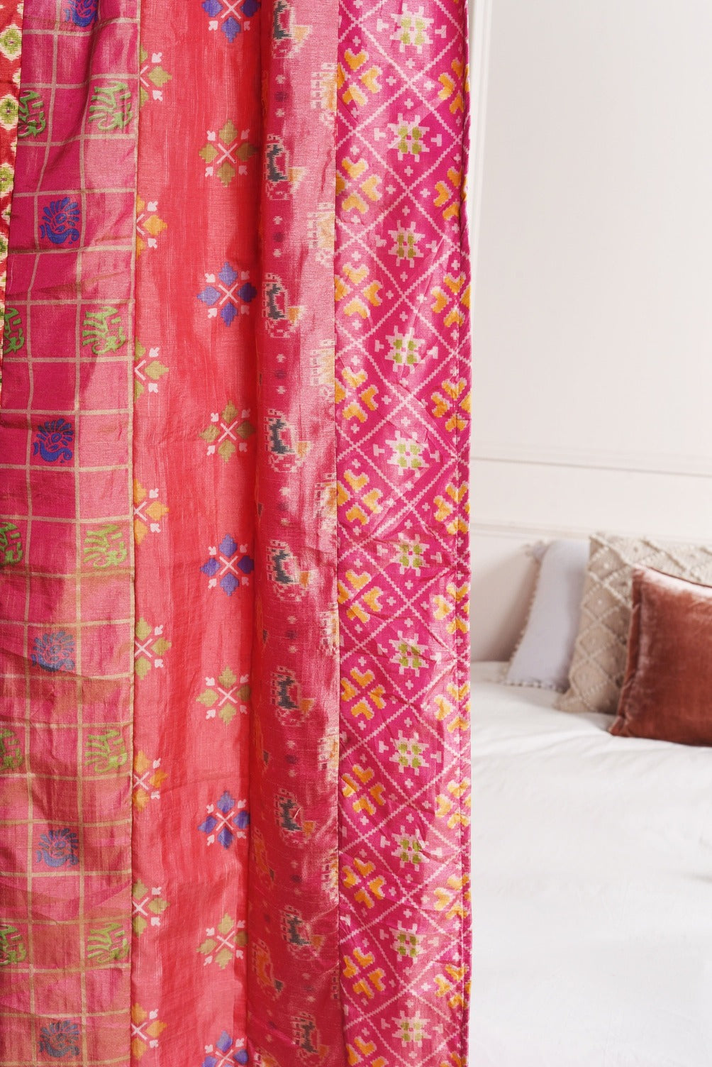 Pink Silk Patchwork Curtains - 2 Panel set