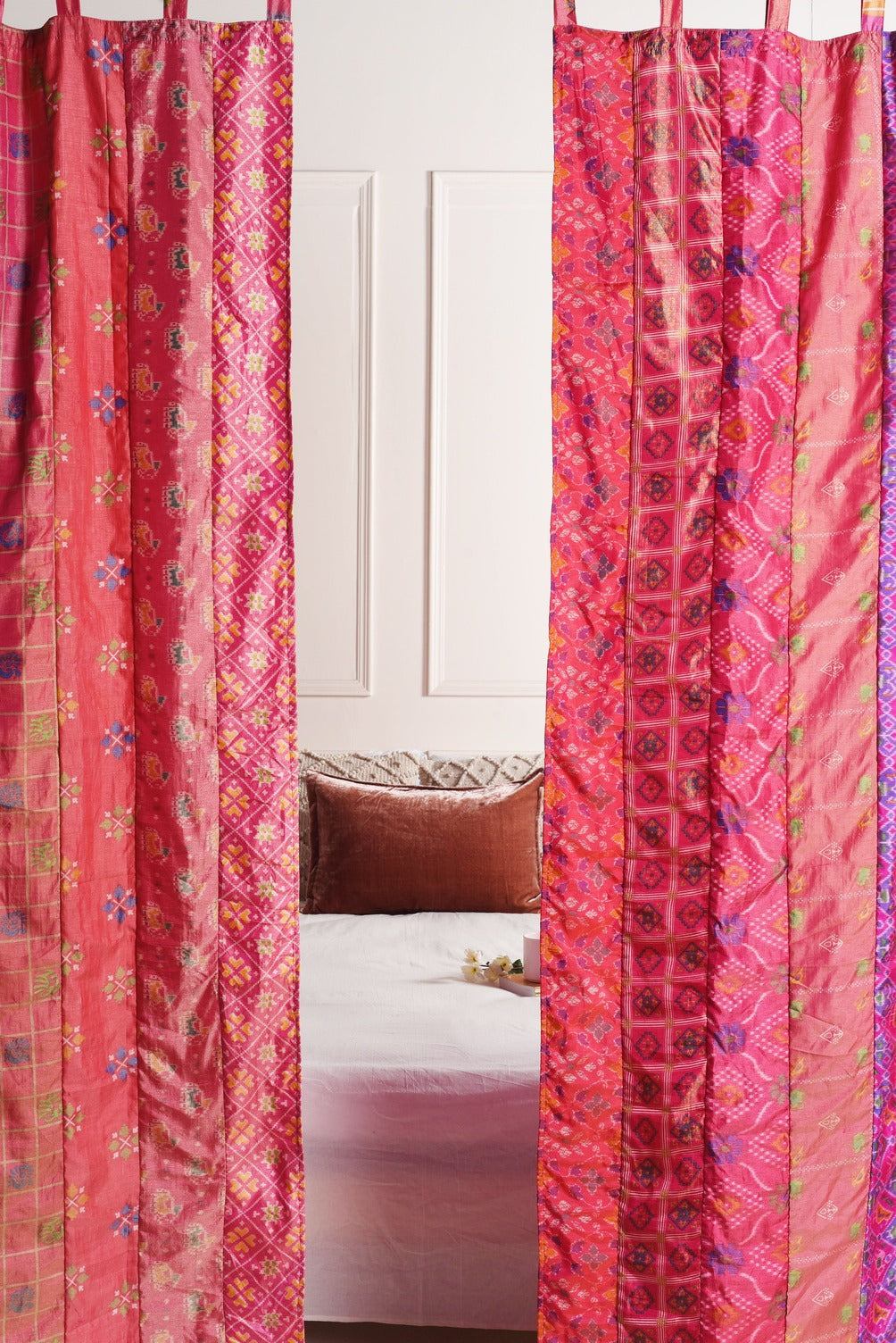 Pink Silk Patchwork Curtains - 2 Panel set