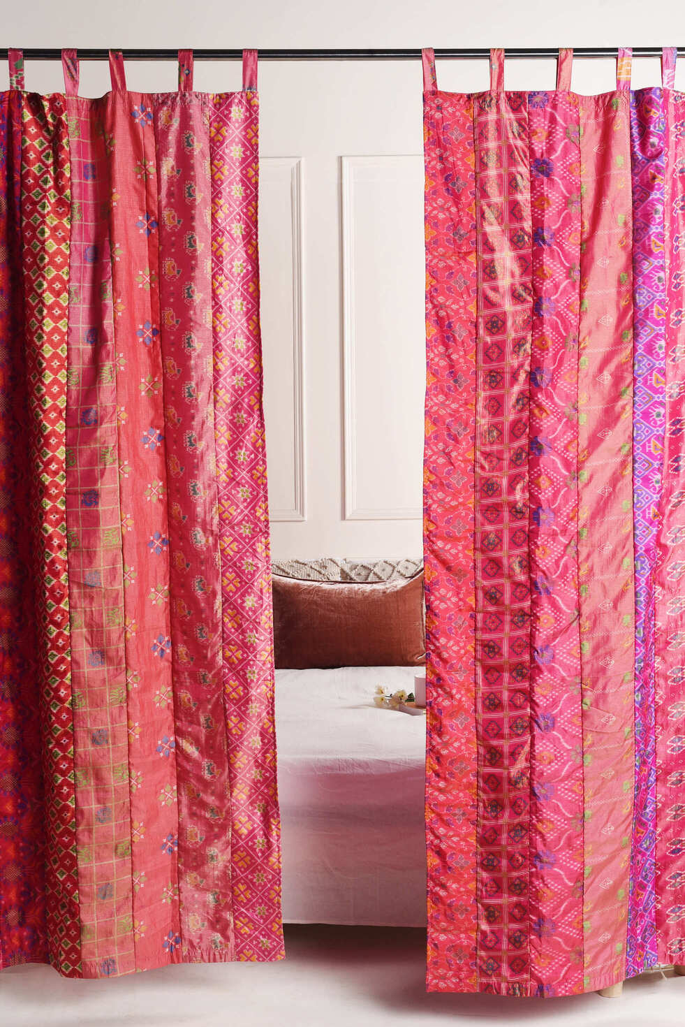 Pink Silk Patchwork Curtains - 2 Panel set
