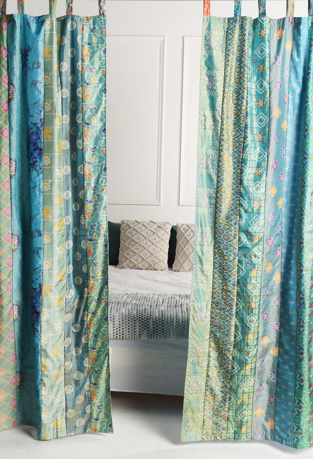 Turquoise Blue Silk Patchwork Curtains - 2 Panel set