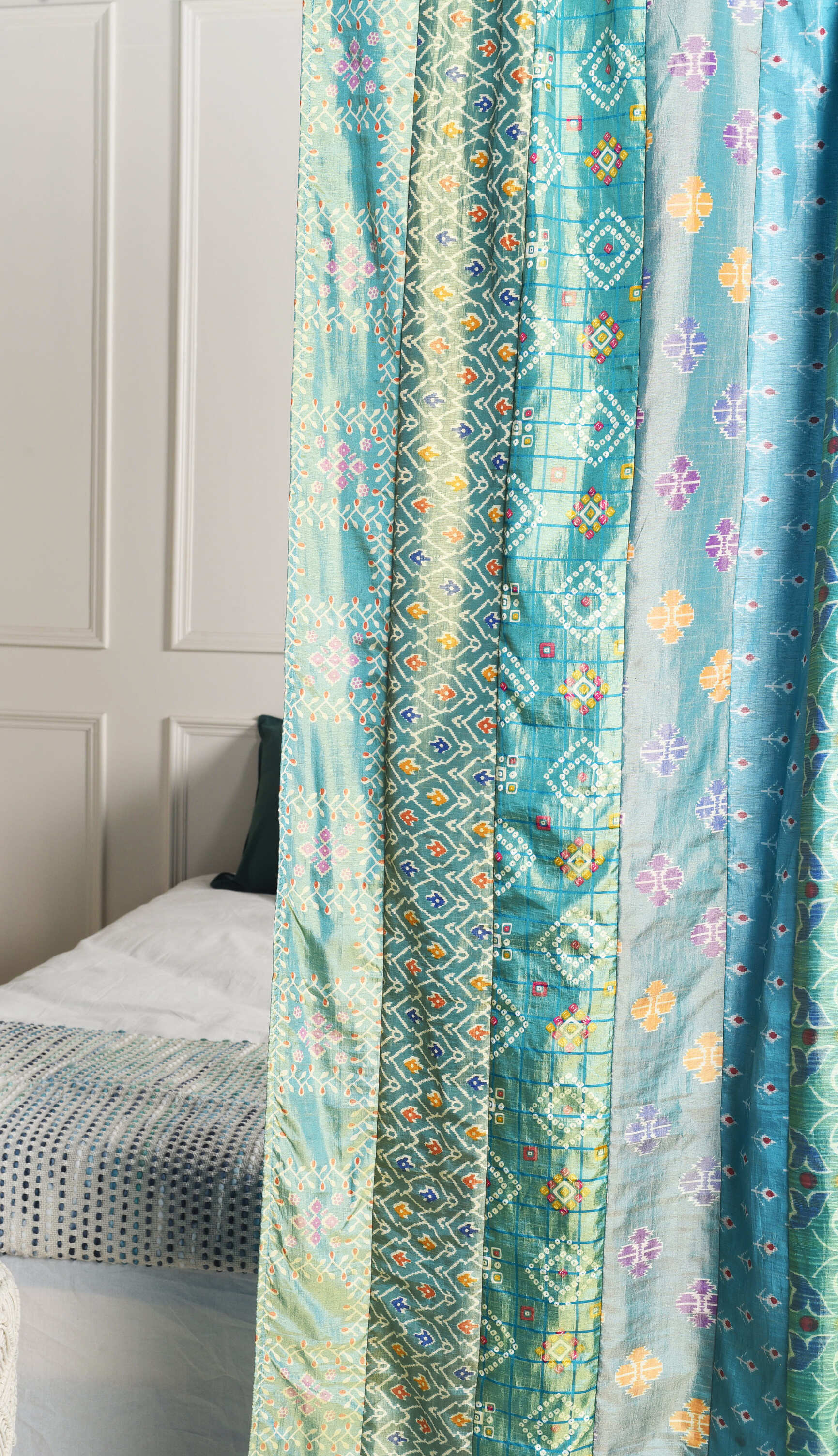 Turquoise Blue Silk Patchwork Curtains - 2 Panel set