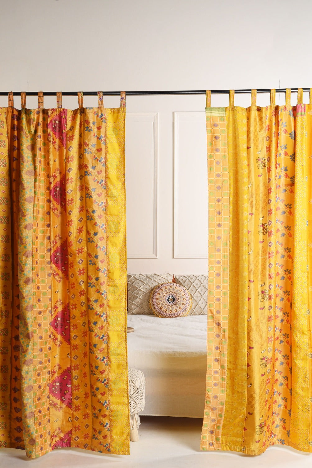 Yellow Silk Patchwork Curtains - 2 Panel set