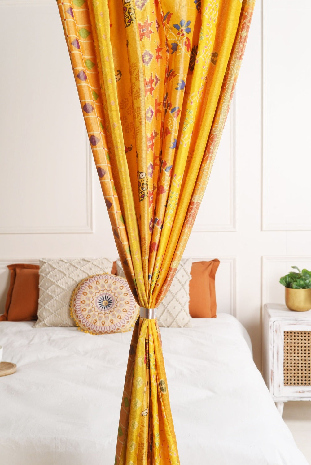 Yellow Silk Patchwork Curtains - 2 Panel set