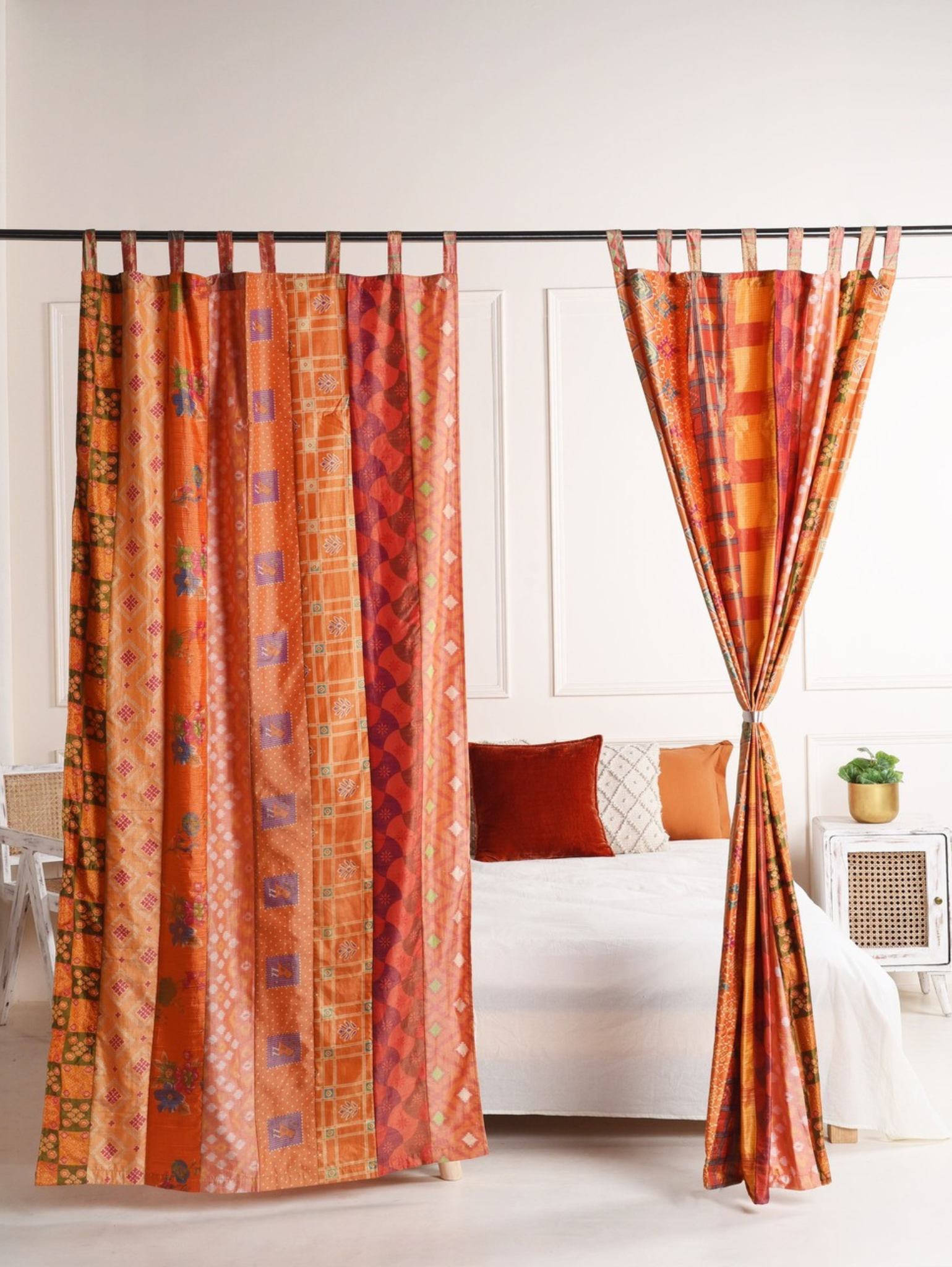 Orange Silk Patchwork Curtains - 2 Panel set