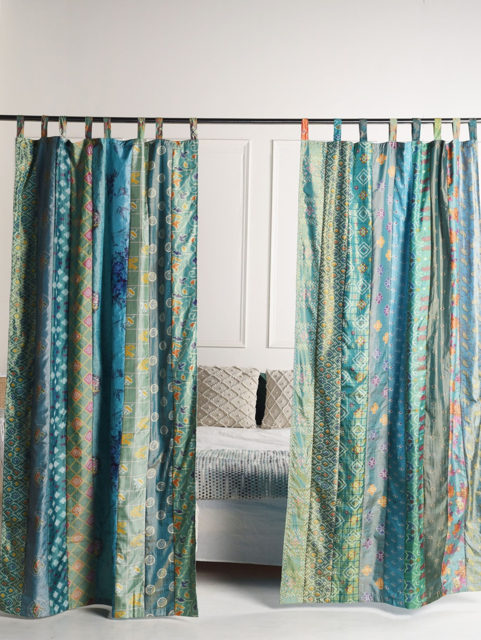 Turquoise Blue Silk Patchwork Curtains - 2 Panel set