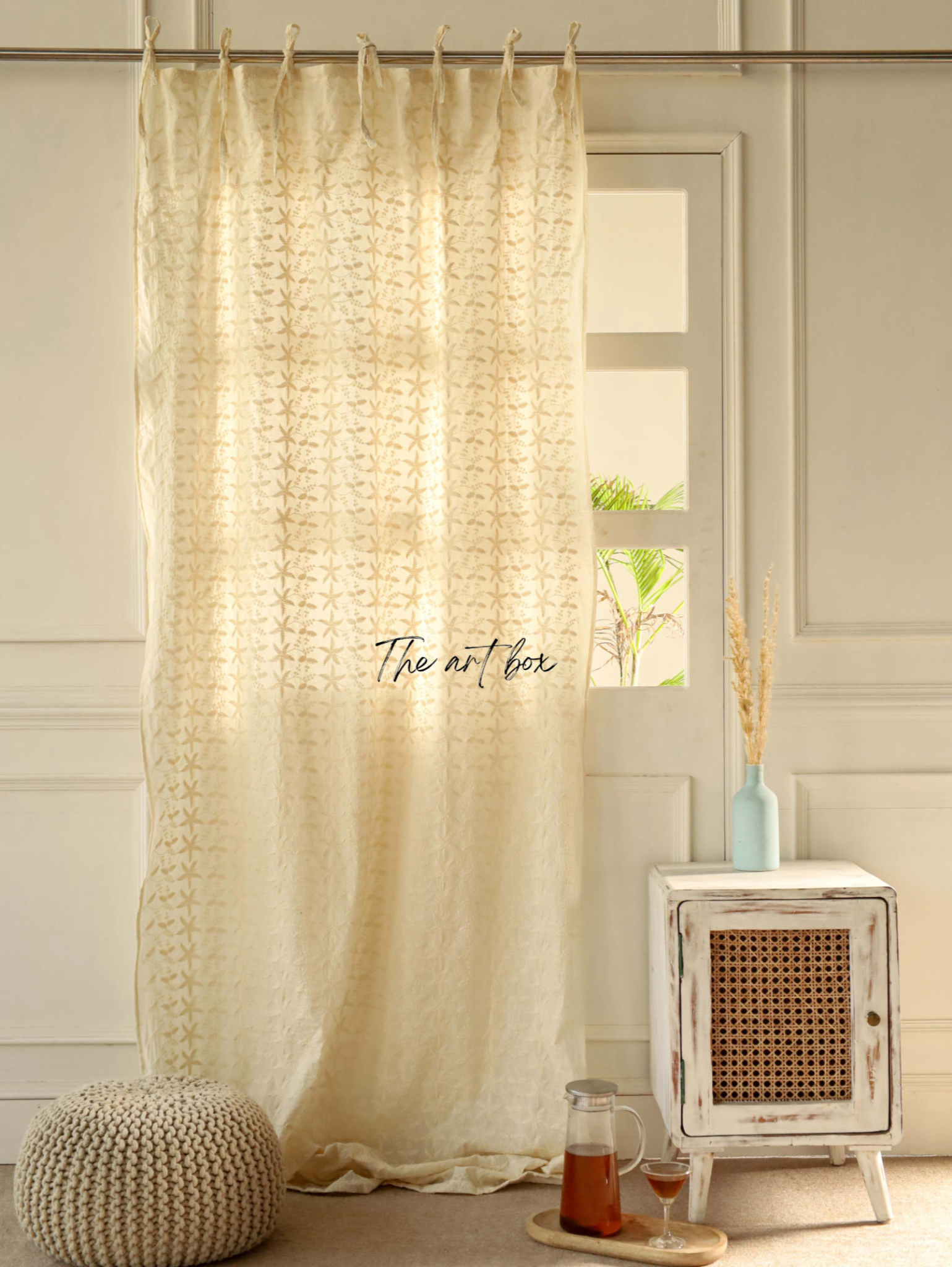 Beige Embroidered Cotton Curtains - 1 Panel Set