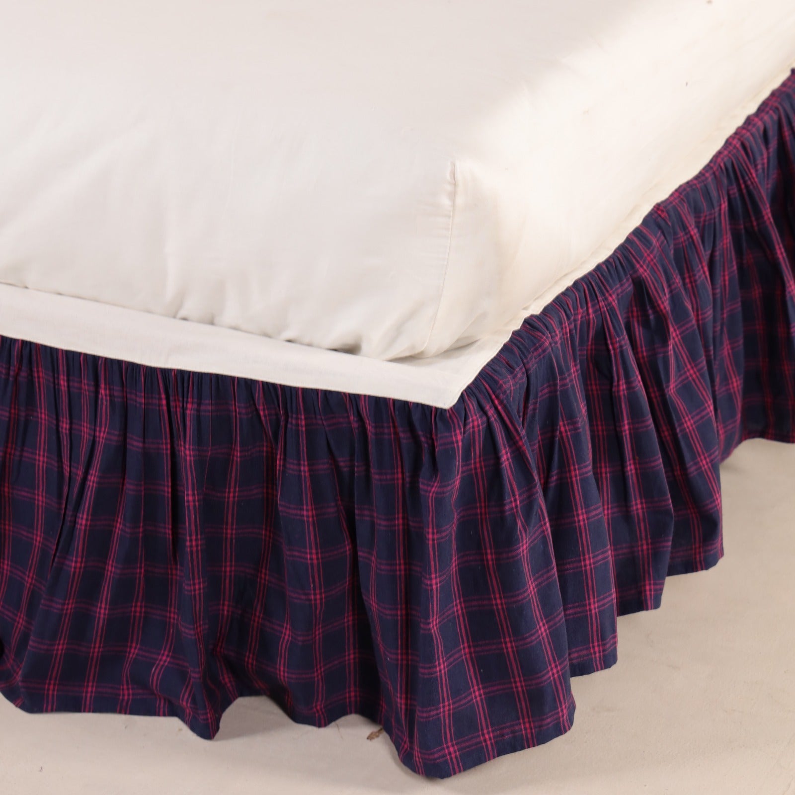 Classic Plaid Ruffled Bed Skirt | Navy & Red Checkered Dust Ruffle | Premium Soft Fabric Bed Wrap