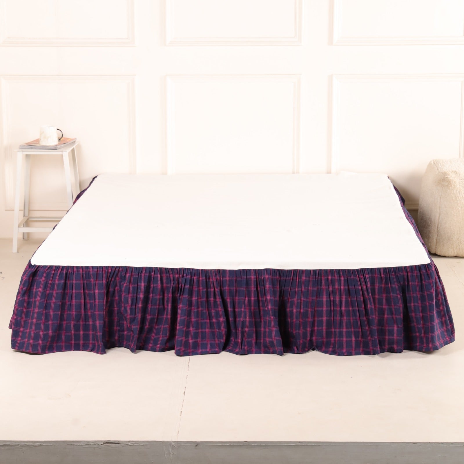 Classic Plaid Ruffled Bed Skirt | Navy & Red Checkered Dust Ruffle | Premium Soft Fabric Bed Wrap