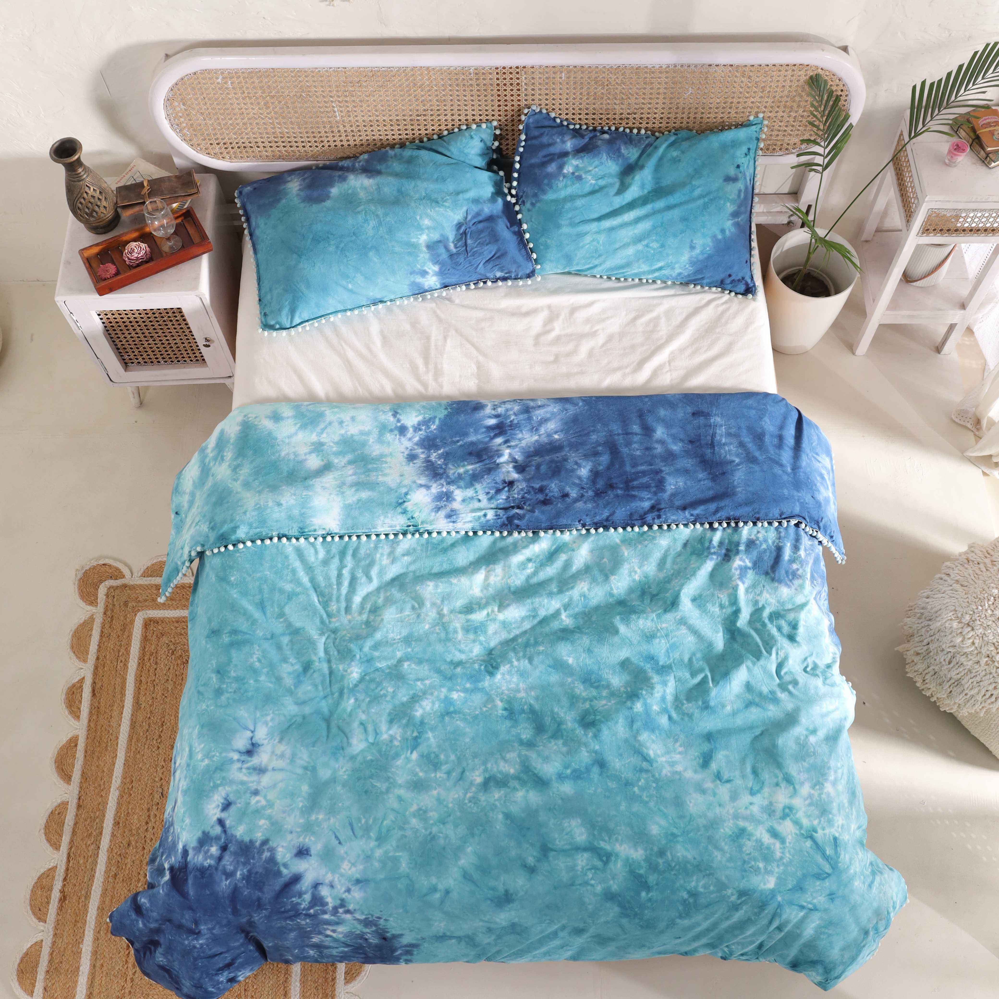 Aqua Teal Tie Dye Bedding Set - Coastal Cotton Duvet with Pom Poms