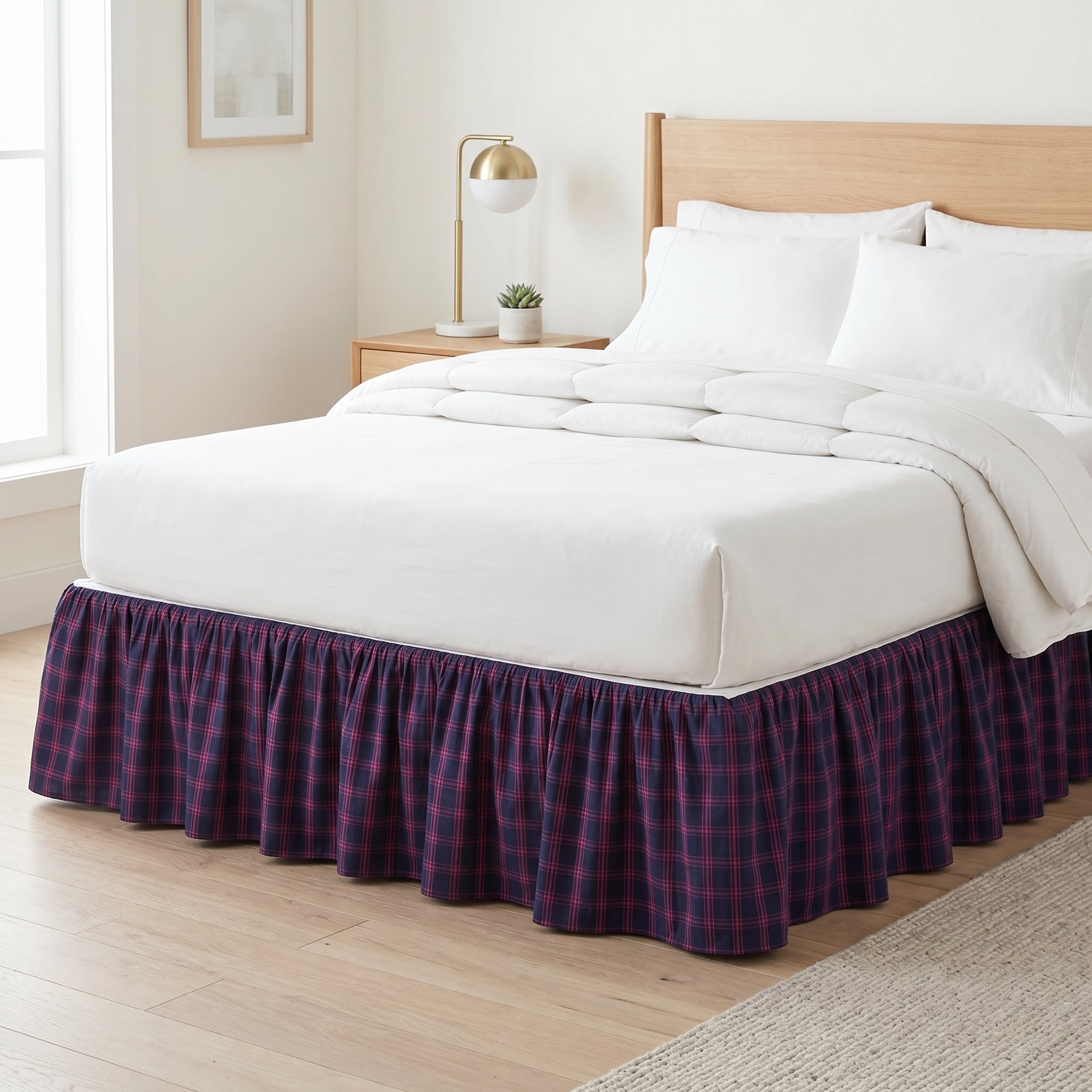 Classic Plaid Ruffled Bed Skirt | Navy & Red Checkered Dust Ruffle | Premium Soft Fabric Bed Wrap