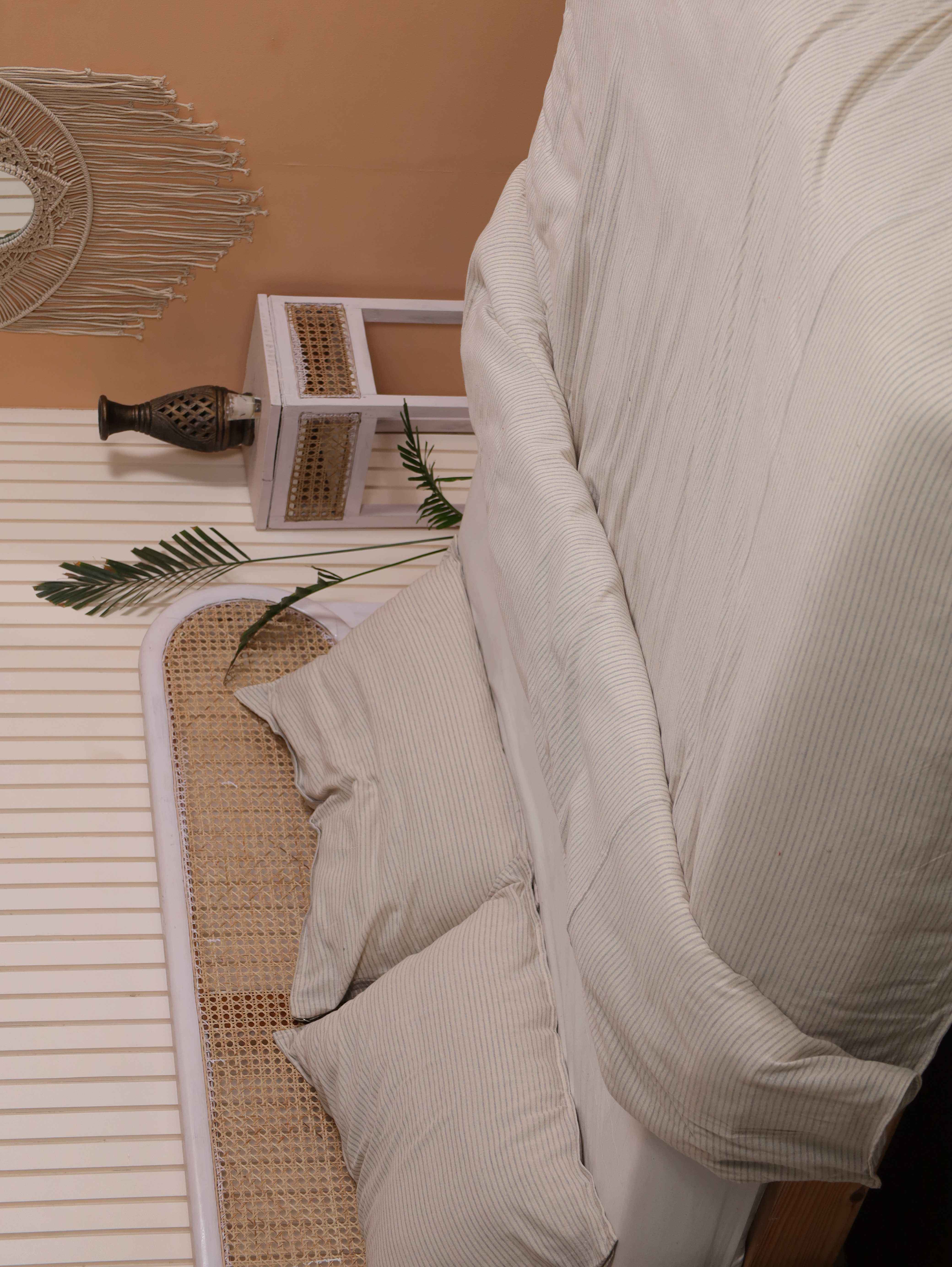 Beige Pinstripe Cotton Duvet Cover Set - Oatmeal Striped Bedding