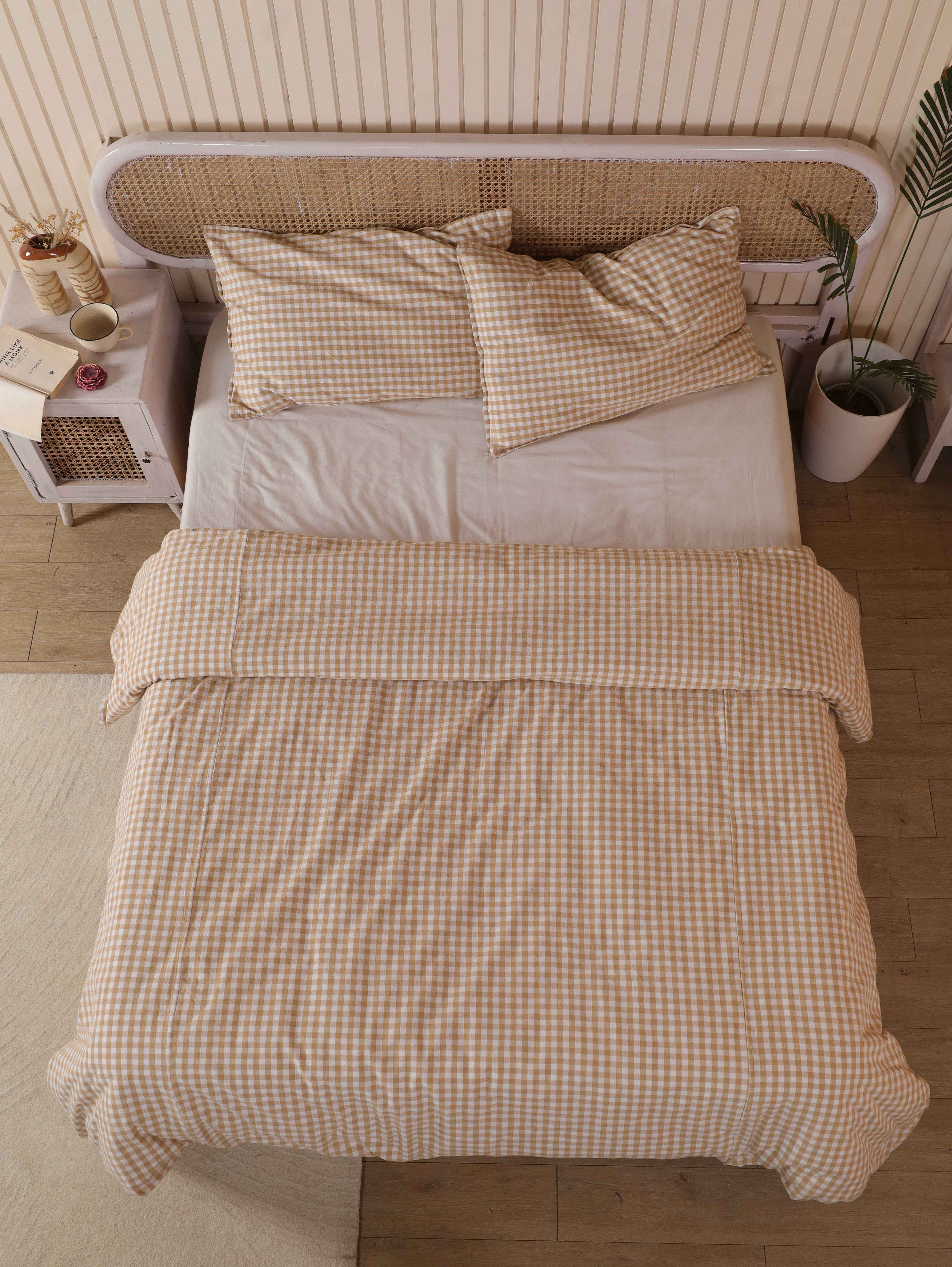 Beige Gingham Cotton Duvet Cover Set - Checkered Cottagecore Bedding