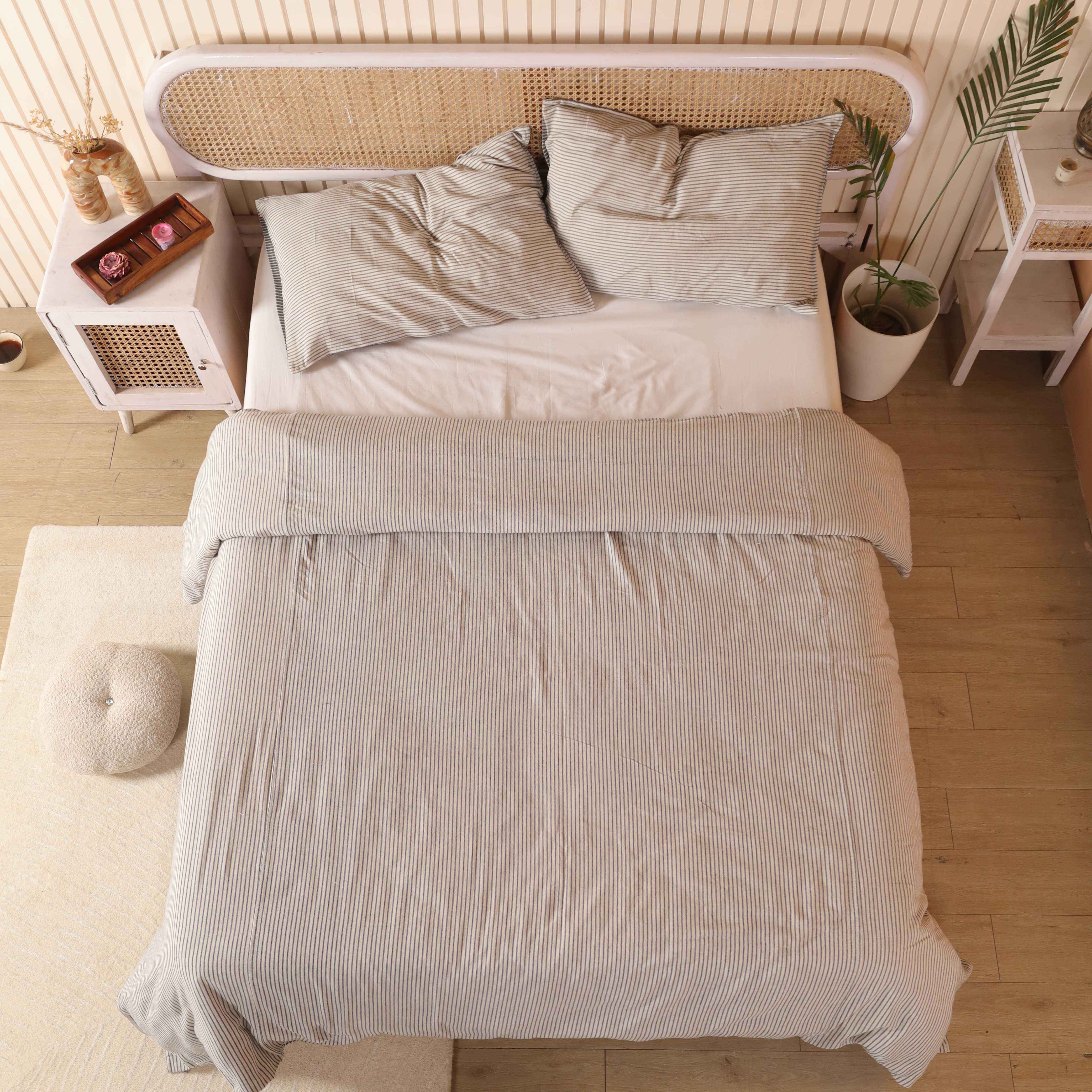 Beige Pinstripe Cotton Bedding Set - Earth Tone Boho Duvet Cover
