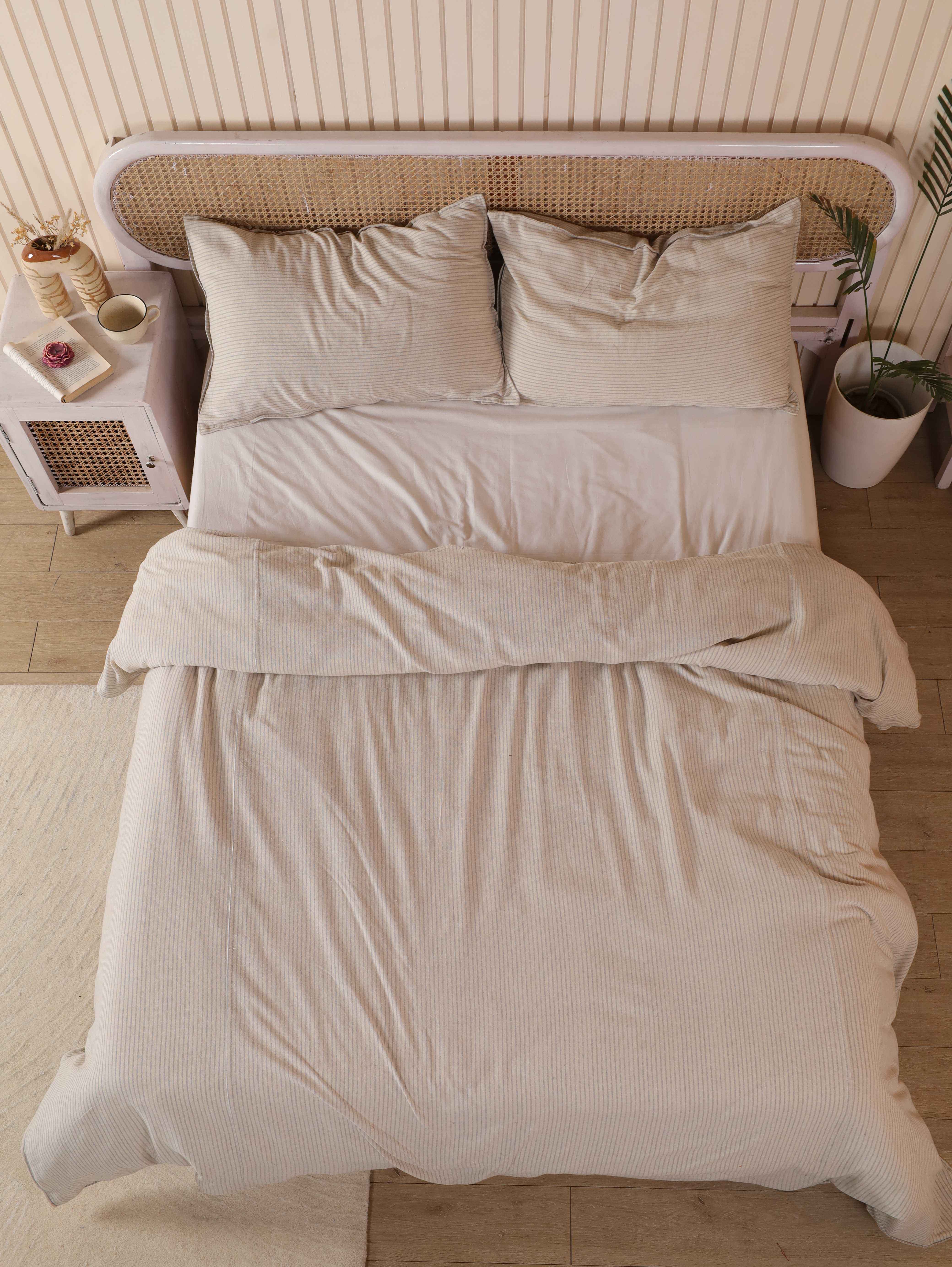 Beige Pinstripe Cotton Duvet Cover Set - Oatmeal Striped Bedding